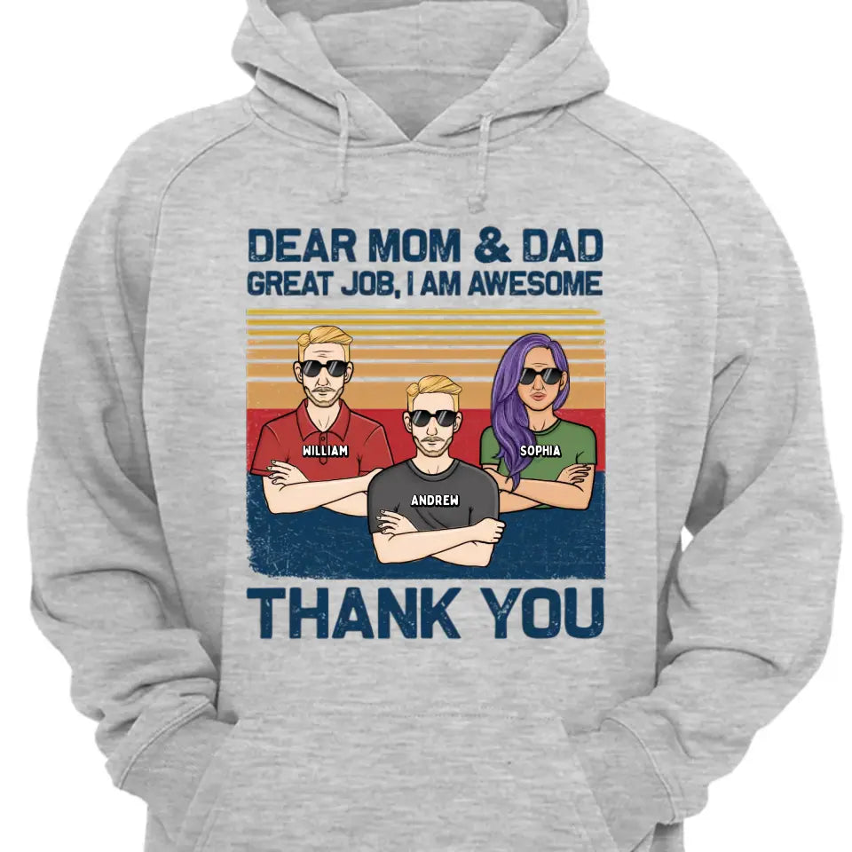 Liebe Mama, Papa, wir sind großartig, danke – personalisiertes Unisex-T-Shirt, Kapuzenpullover, Sweatshirt – Weihnachtsgeschenk für Vater, Mutter, Papa, Mama