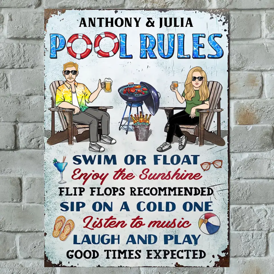 Pool Rules Swim Or Float Grilling Couple Husband Wife - Personalized Custom Classic Metal Signs