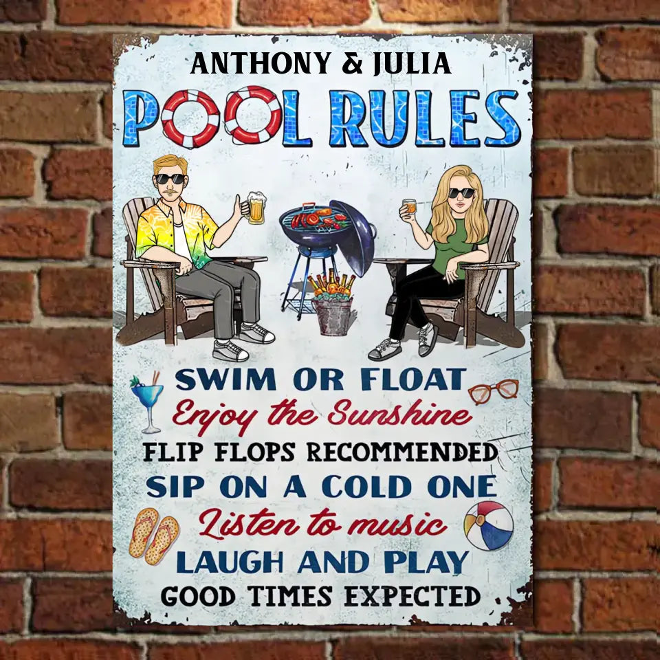 Pool Rules Swim Or Float Grilling Couple Husband Wife - Personalized Custom Classic Metal Signs
