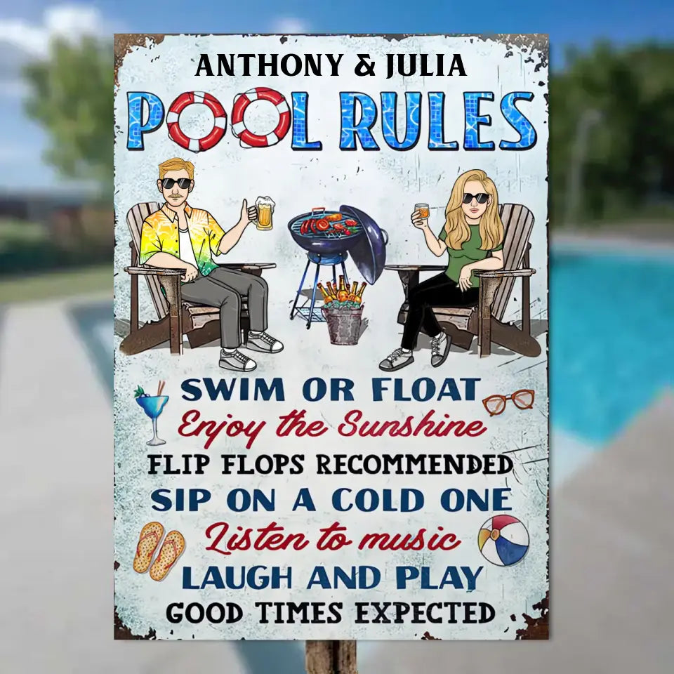 Pool Rules Swim Or Float Grilling Couple Husband Wife - Personalized Custom Classic Metal Signs