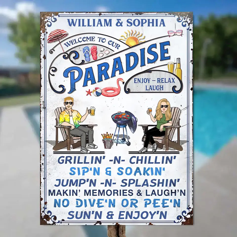 Couple Swimming Pool Welcome To Our Swimming Pool - Pool Sign - Personalized Custom Classic Metal Signs