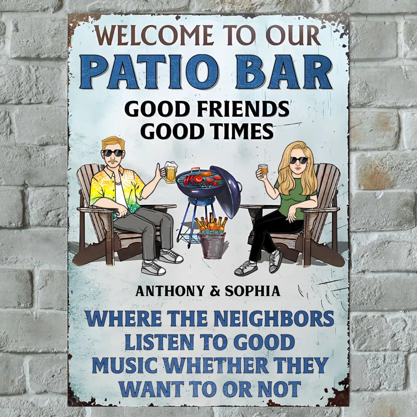 Poolside Grilling Listen To The Good Music Couple Husband Wife - Personalized Vertical Metal Sign
