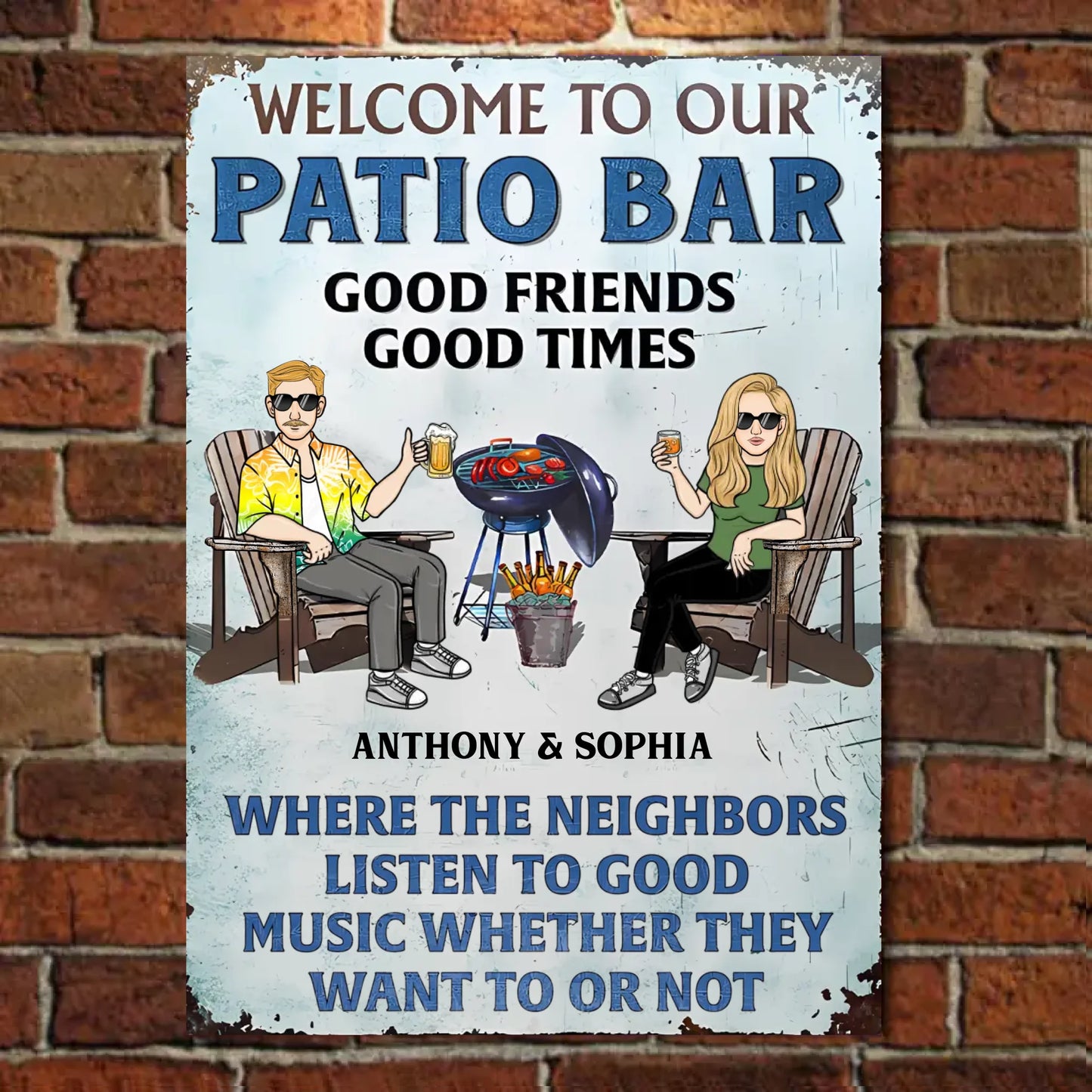 Poolside Grilling Listen To The Good Music Couple Husband Wife - Personalized Vertical Metal Sign