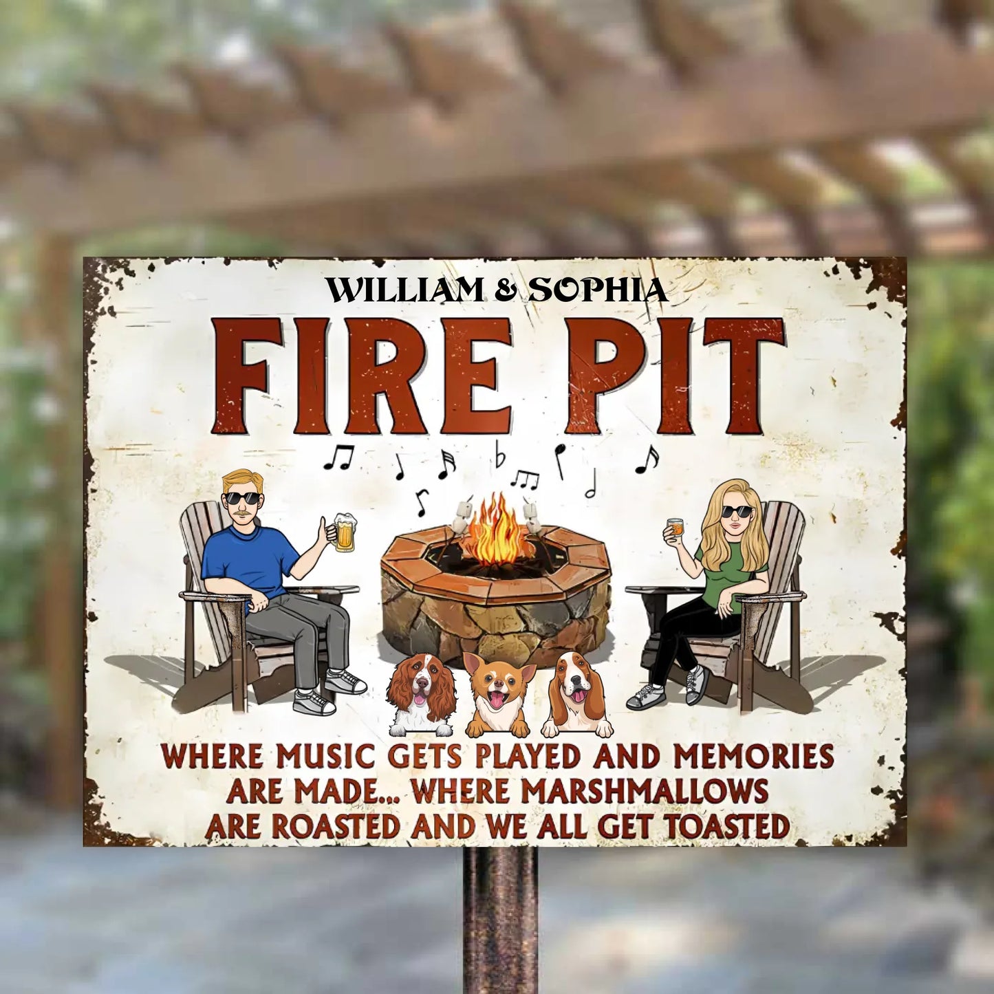 Fire Pit Where Music Gets Played With Dogs - Personalized Horizontal Metal Sign