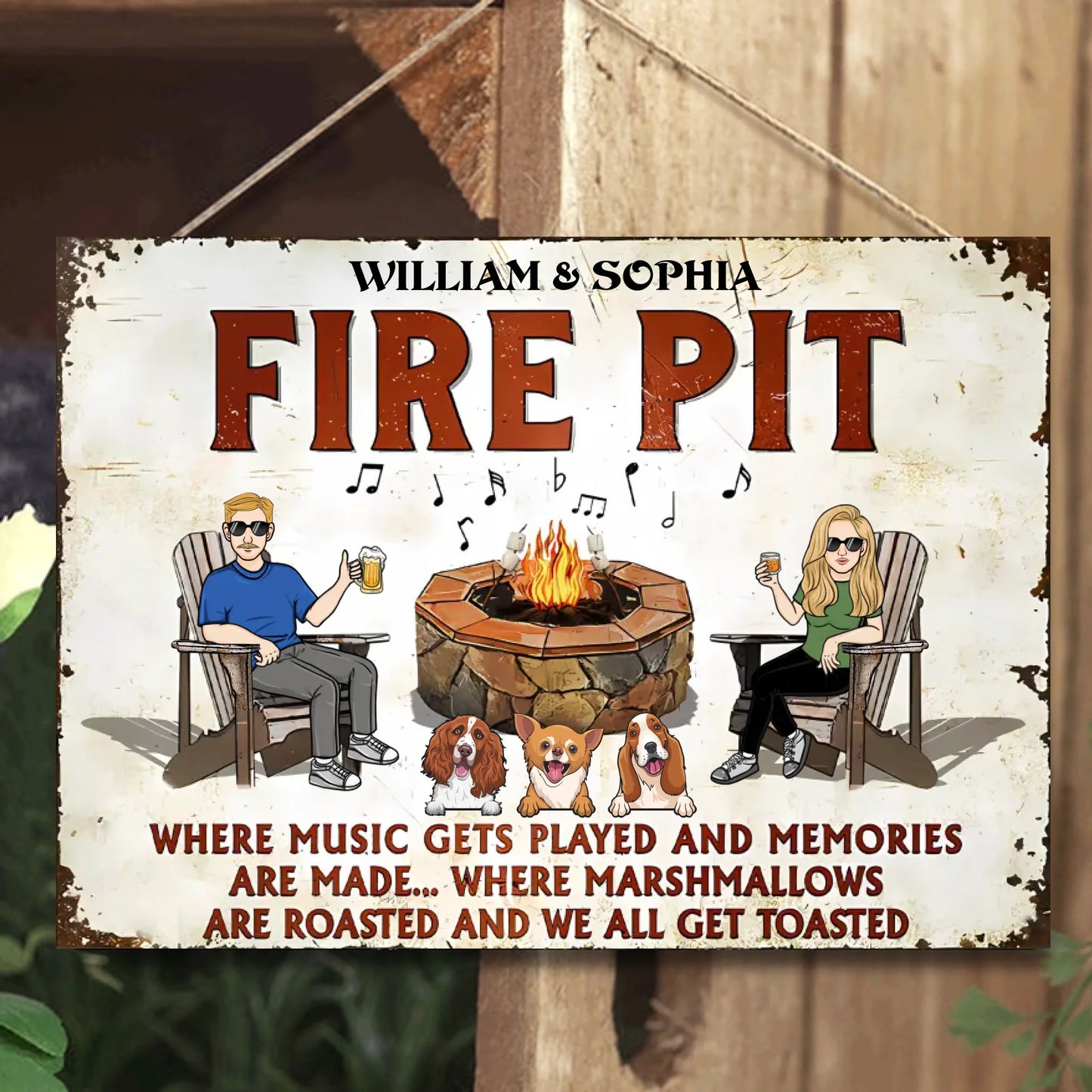Fire Pit Where Music Gets Played With Dogs - Personalized Horizontal Metal Sign