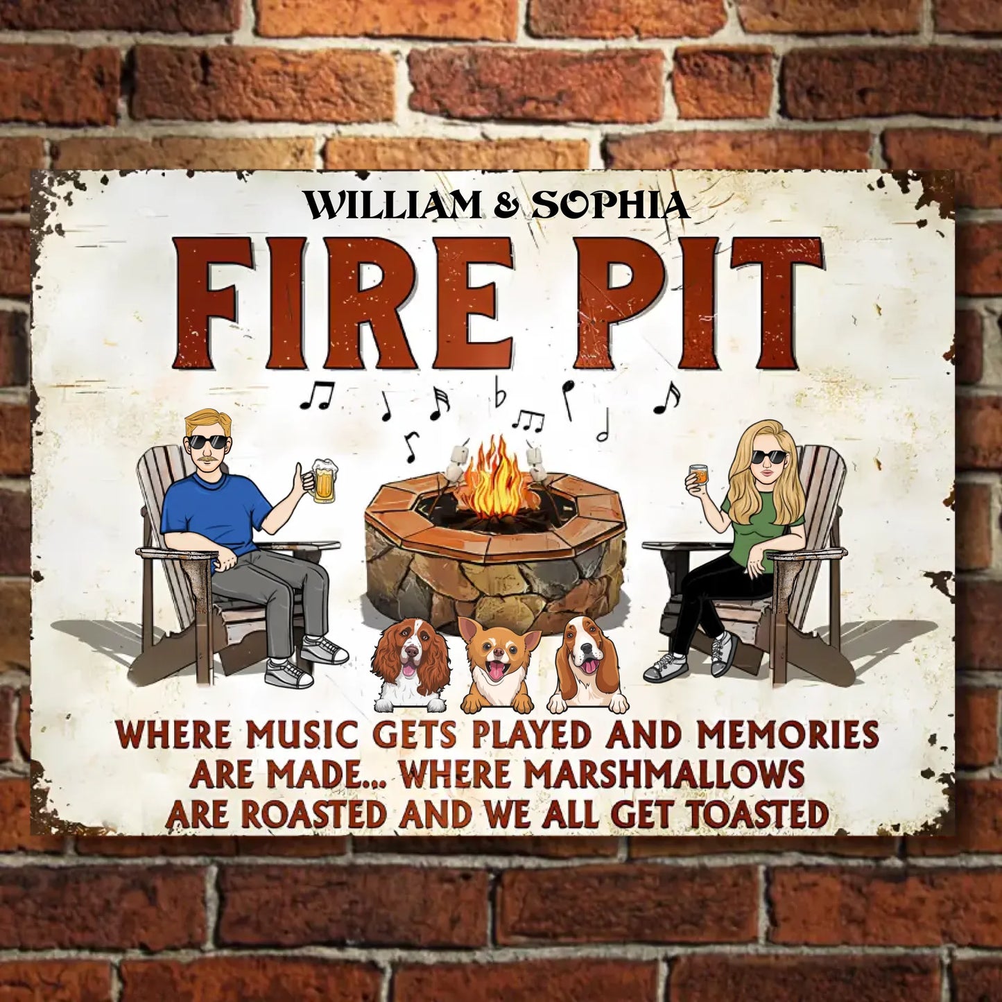 Fire Pit Where Music Gets Played With Dogs - Personalized Horizontal Metal Sign