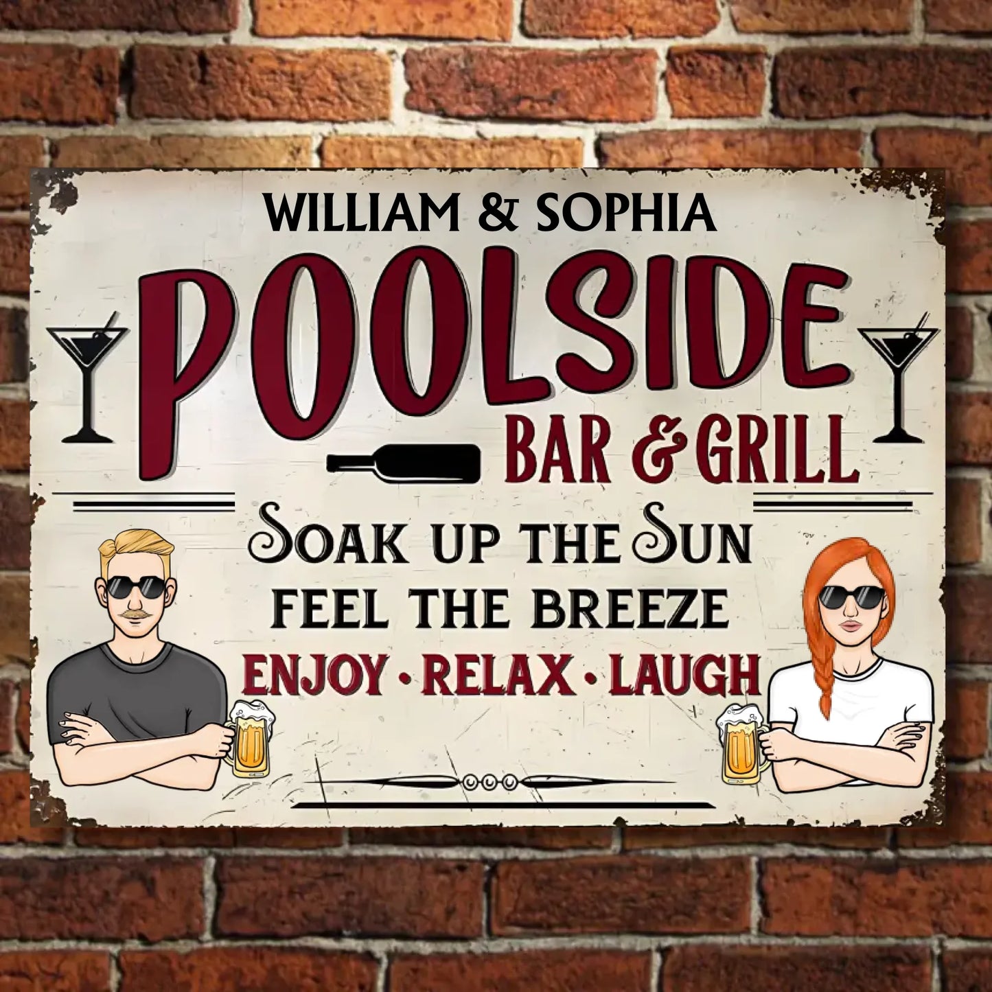 Poolside Bar & Grill Soak Up The Sun Feel The Breeze - Personalized Horizontal Metal Sign - Gifts For Couple