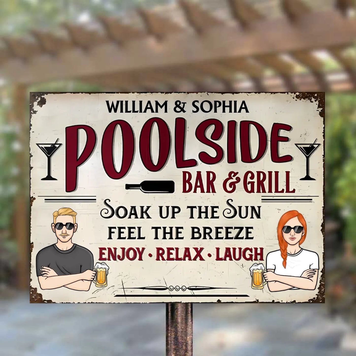Poolside Bar & Grill Soak Up The Sun Feel The Breeze - Personalized Horizontal Metal Sign - Gifts For Couple