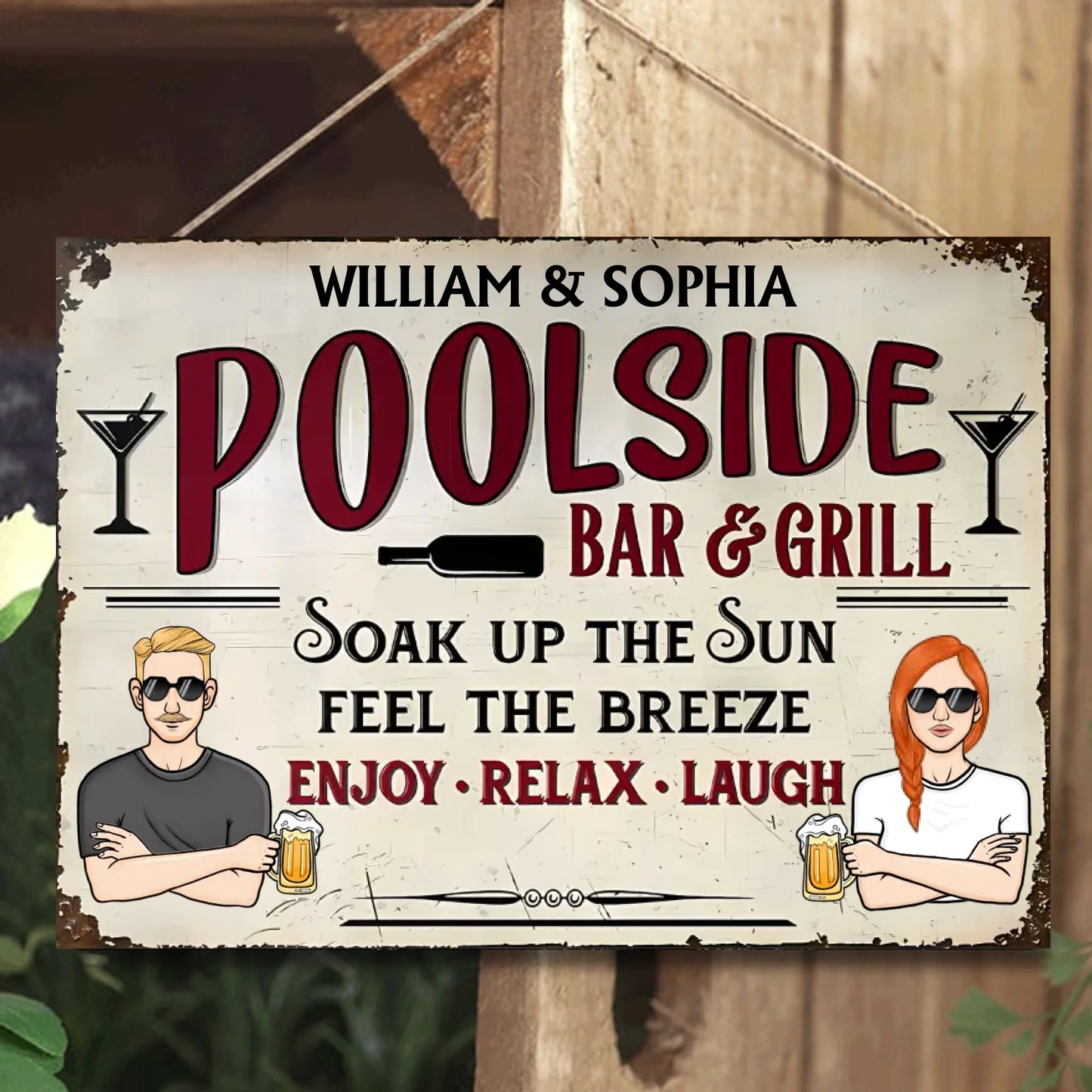 Poolside Bar & Grill Soak Up The Sun Feel The Breeze - Personalized Horizontal Metal Sign - Gifts For Couple