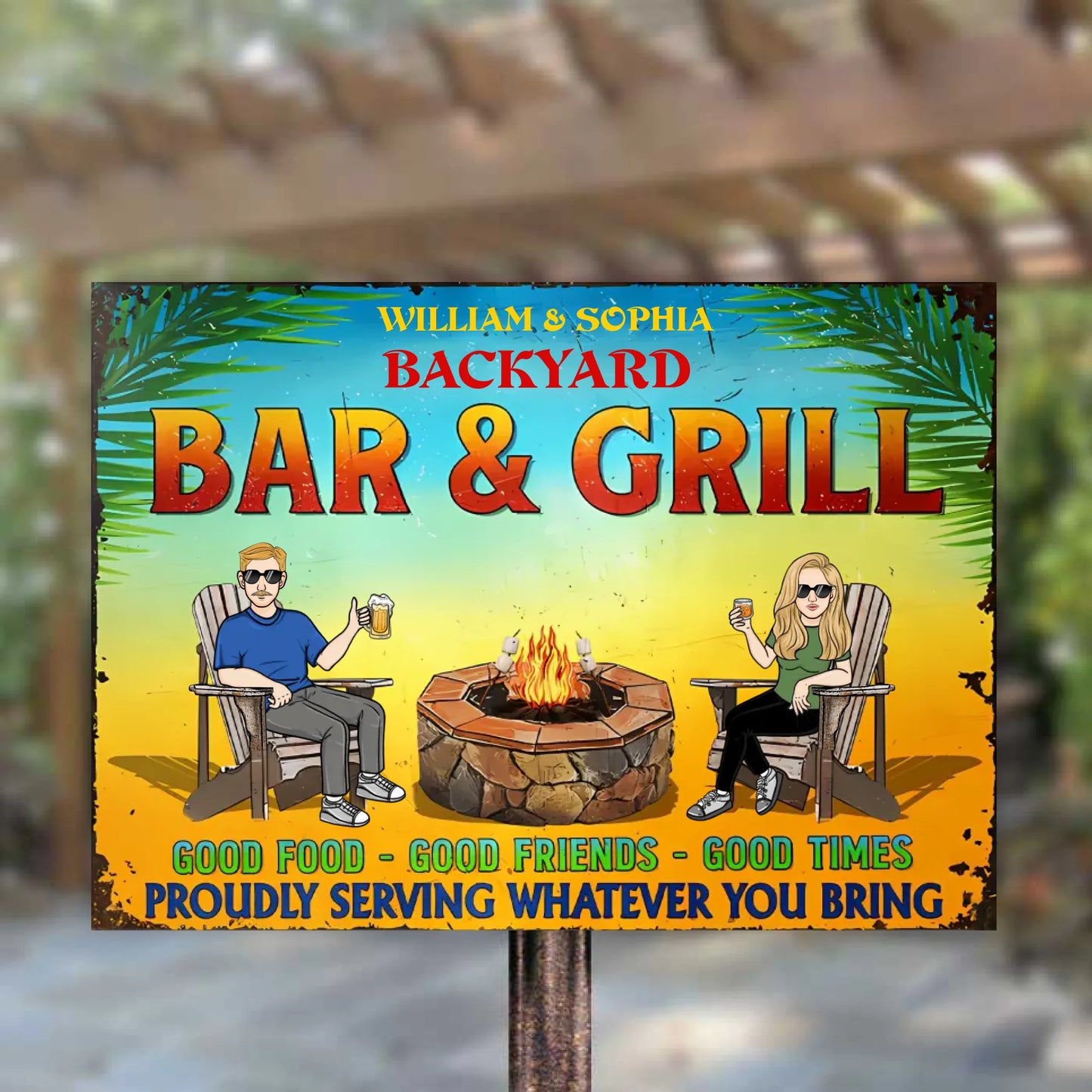 Bar & Grill Proudly Serving Whatever You Bring - Personalized Horizontal Metal Sign - Gifts For Husband Wife, Family, Couples