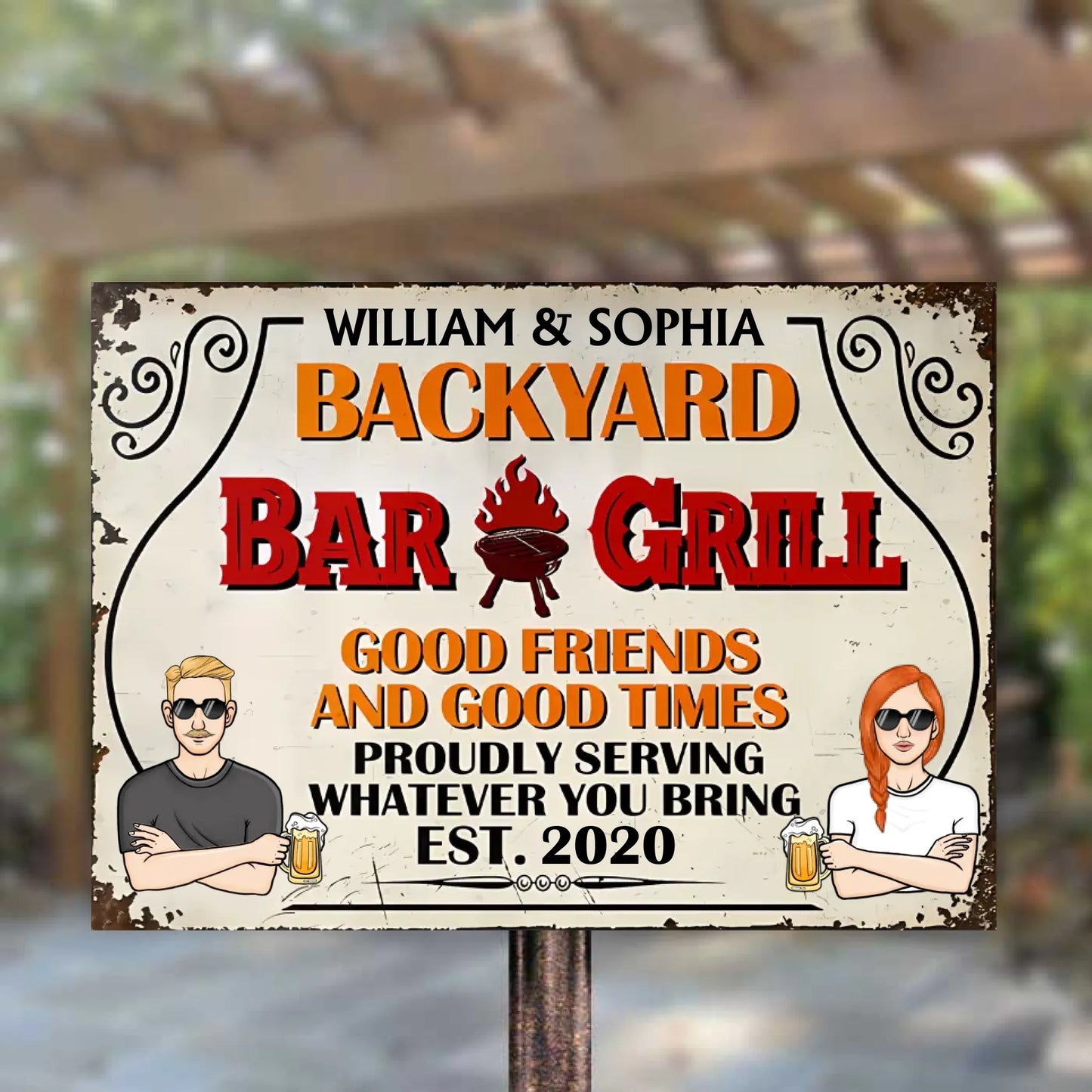 Backyard Bar & Grill Good Time Good Friends - Personalized Horizontal Metal Sign - Gift For Husband Wife, Couples, Family