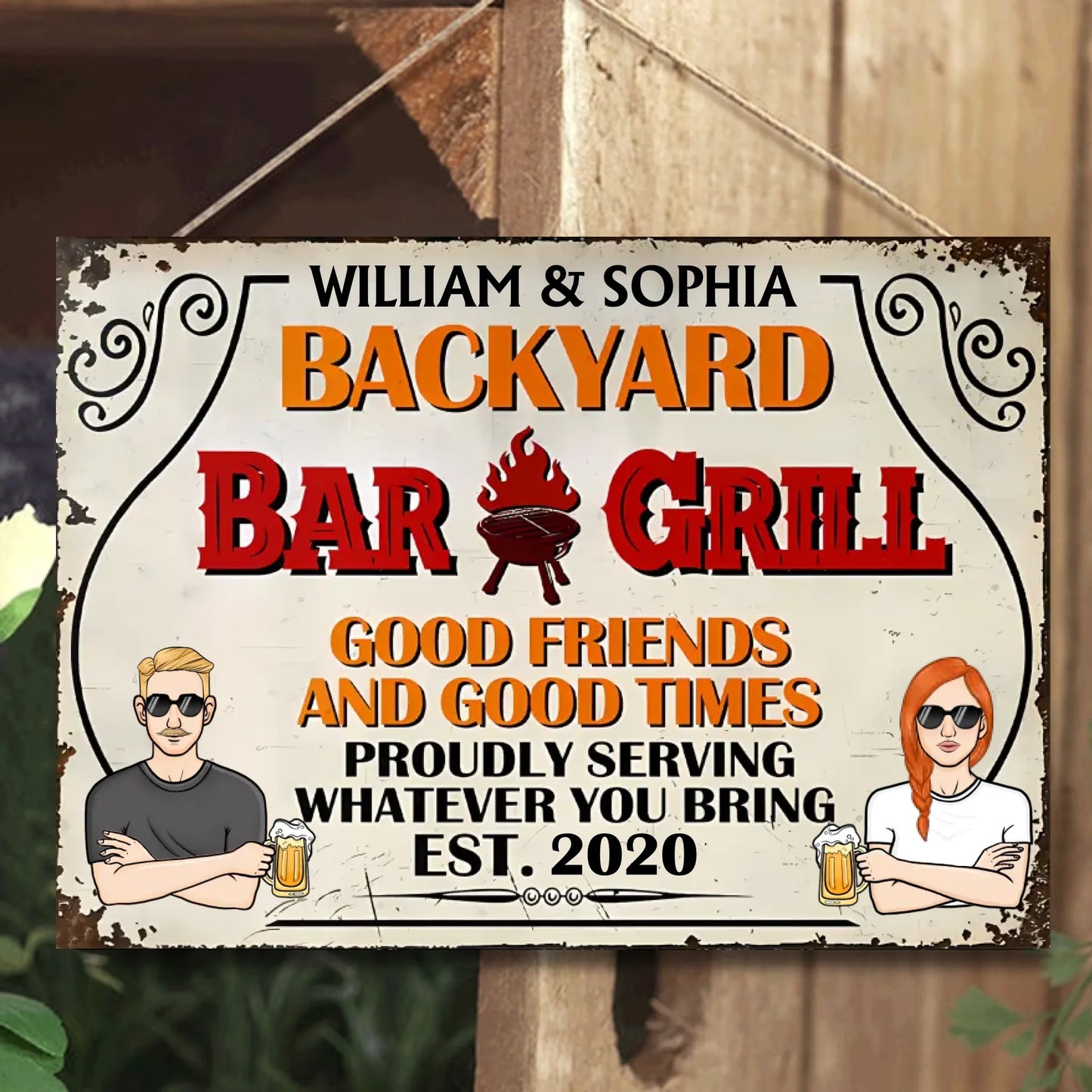 Backyard Bar & Grill Good Time Good Friends - Personalized Horizontal Metal Sign - Gift For Husband Wife, Couples, Family