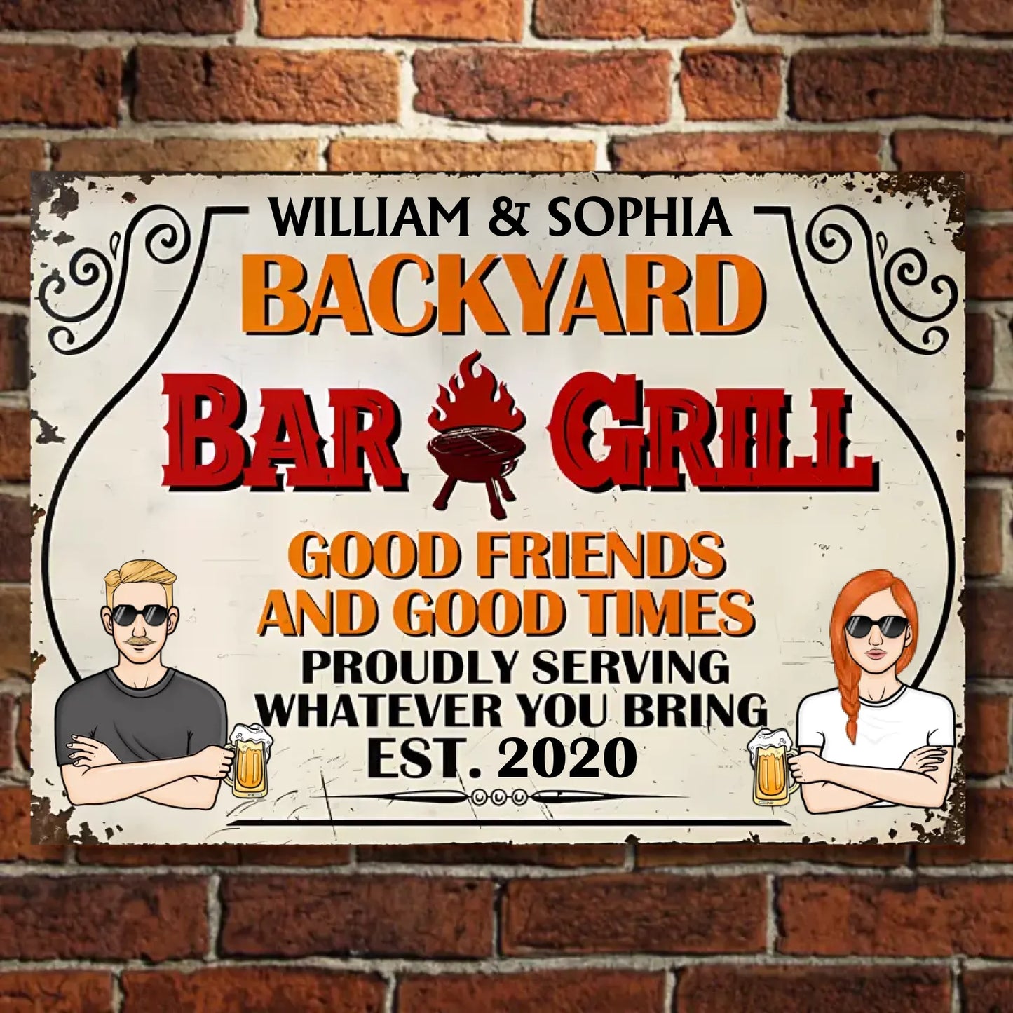 Backyard Bar & Grill Good Time Good Friends - Personalized Horizontal Metal Sign - Gift For Husband Wife, Couples, Family