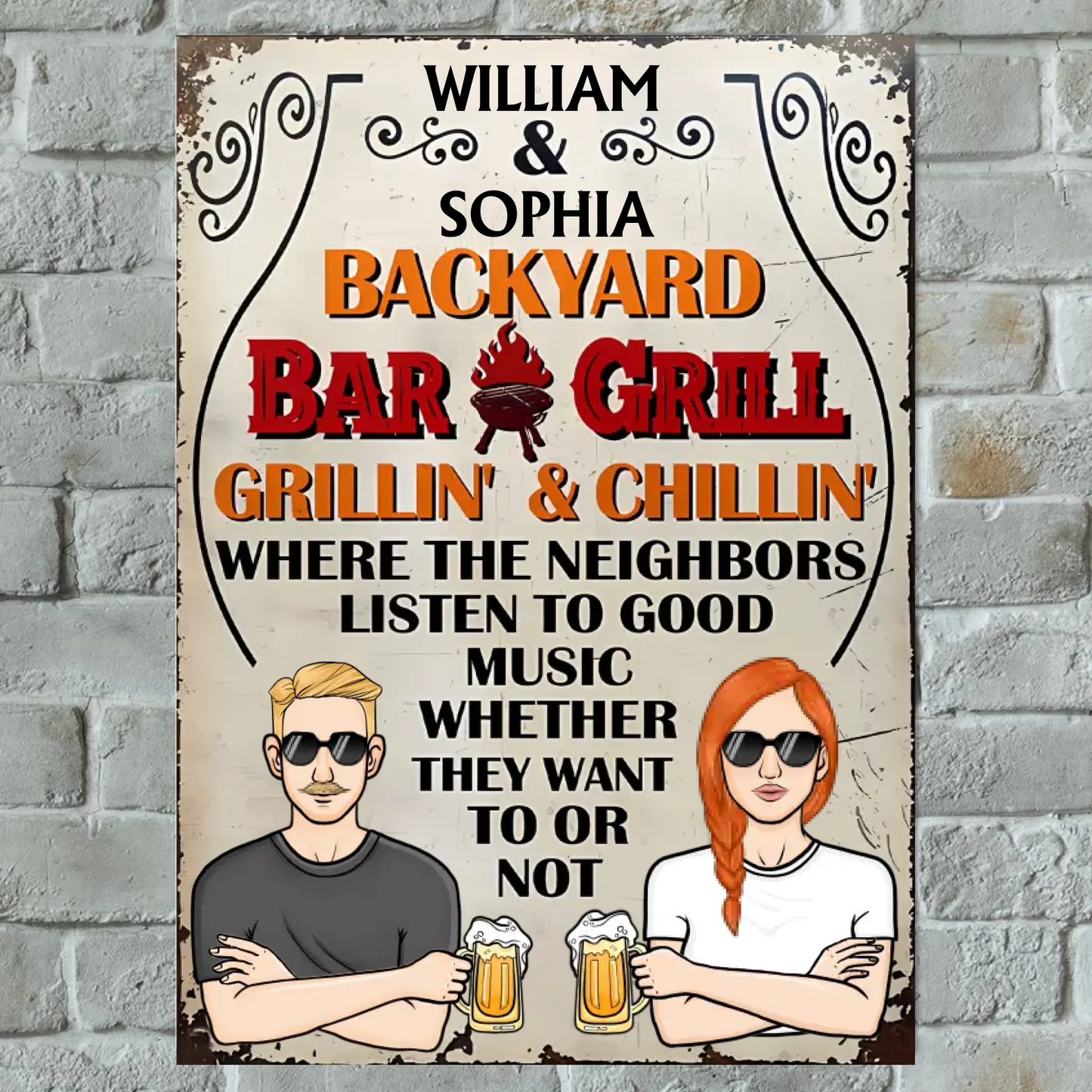 Backyard Bar & Grill Where The Neighbors Listen To Good Music - Personalized Vertical Metal Sign - Gift For Husband Wife, Couples, Family