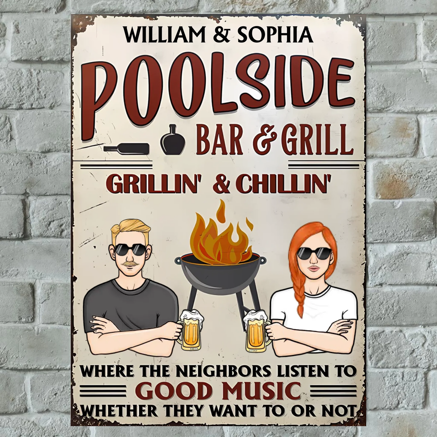Poolside Grilling Listen To Good Music - Personalized Custom Classic Metal Signs