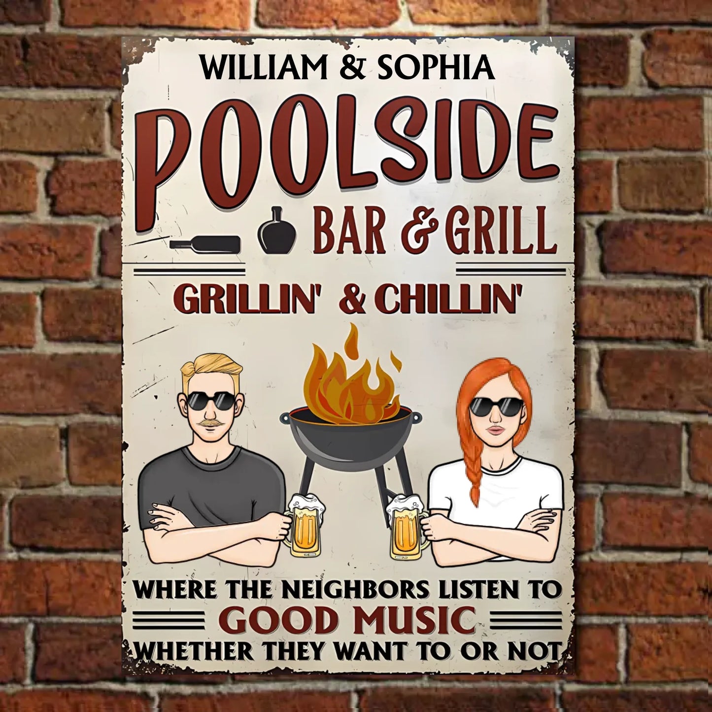 Poolside Grilling Listen To Good Music - Personalized Custom Classic Metal Signs