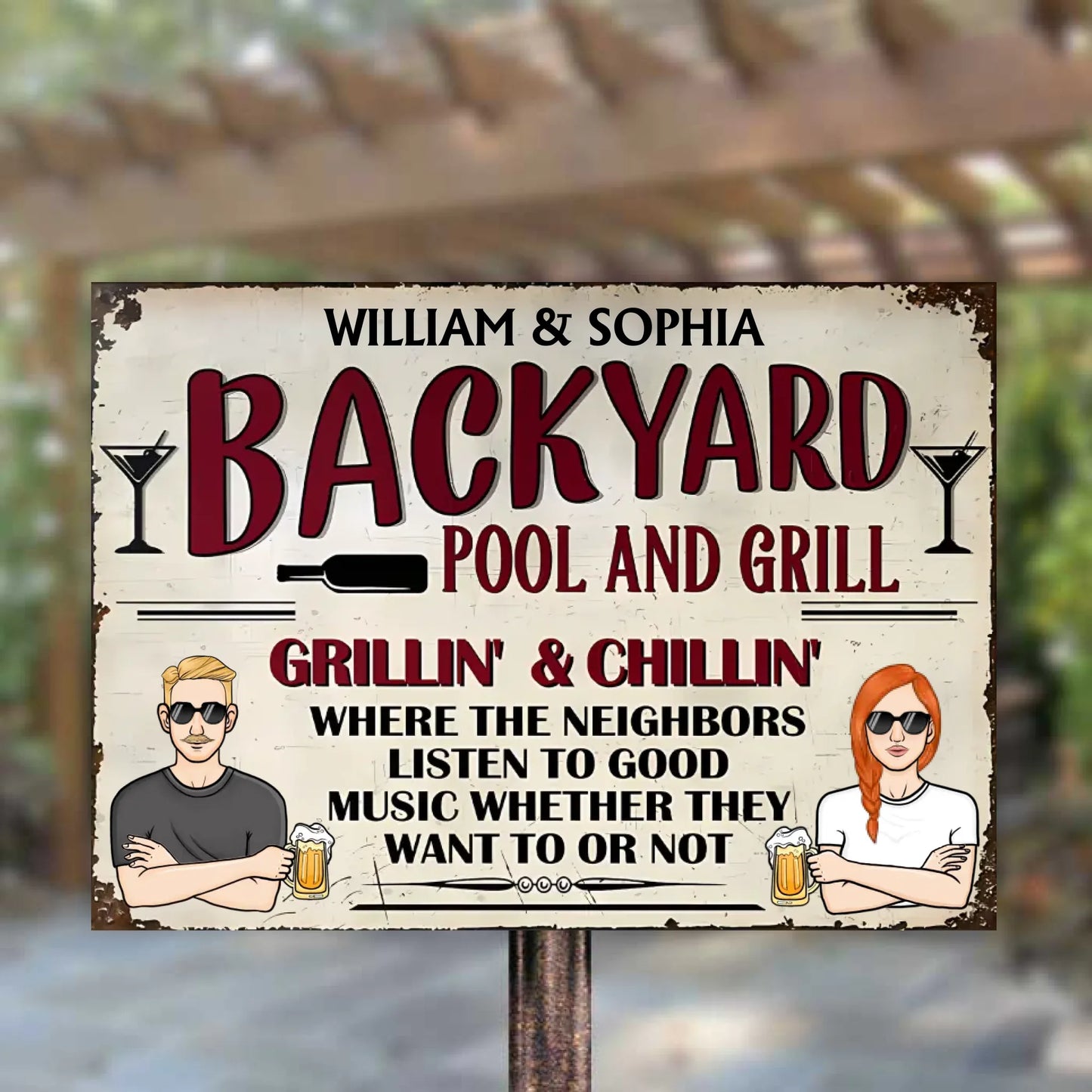 Backyard Pool & Grill Listen To Good Music - Personalized Horizontal Metal Sign - Gifts For Couple