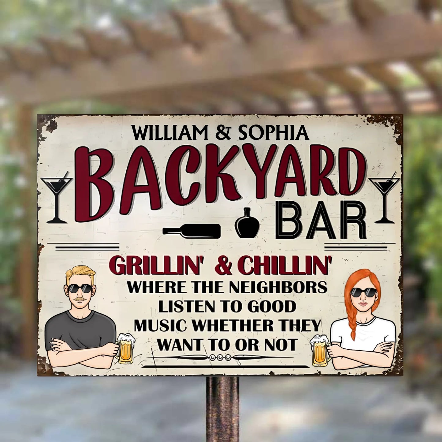 Backyard Bar Listen To Good Music - Personalized Horizontal Metal Sign - Gifts For Couple, Family