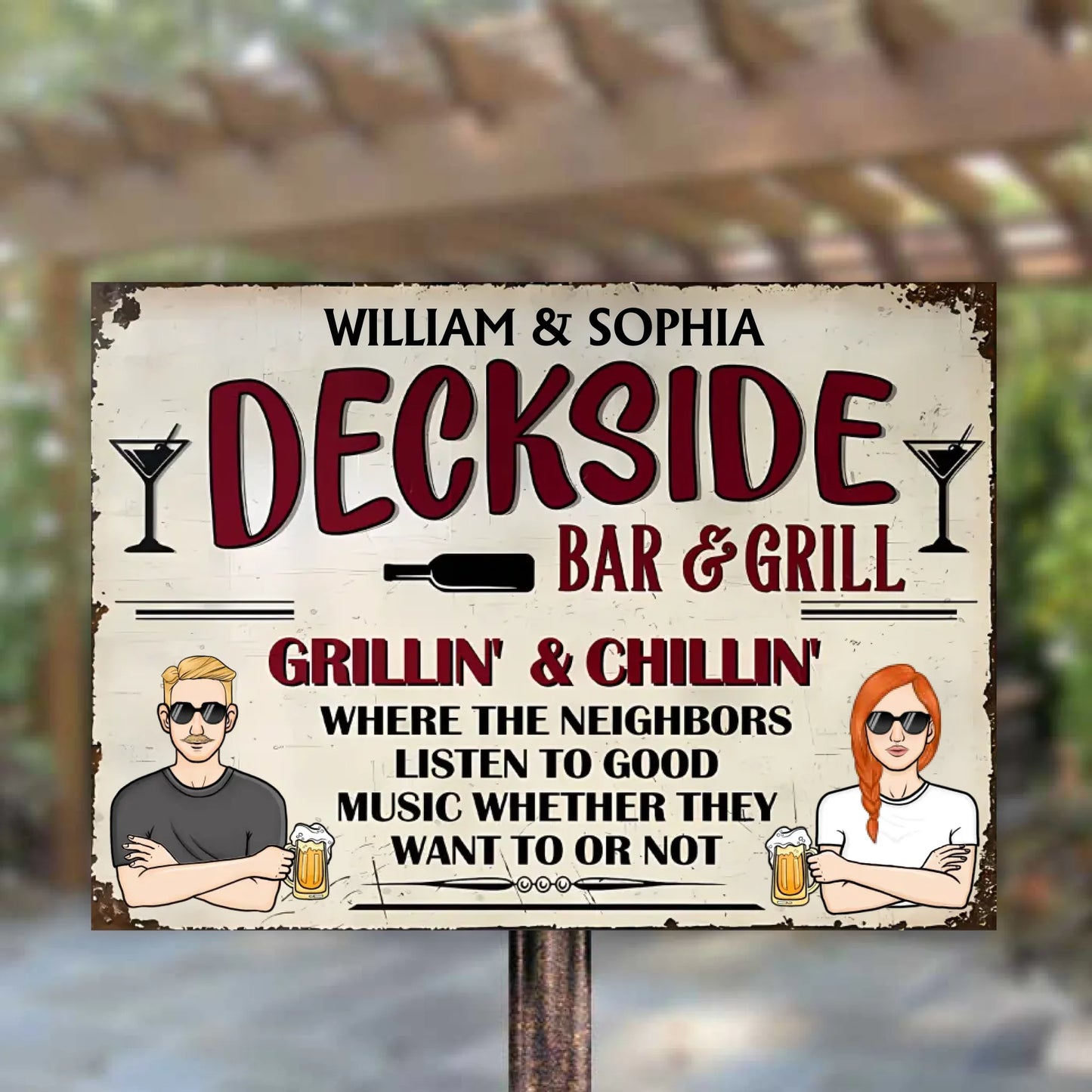Deckside Bar & Grill Listen To Good Music - Personalized Horizontal Metal Sign - Gifts For Couple, Family