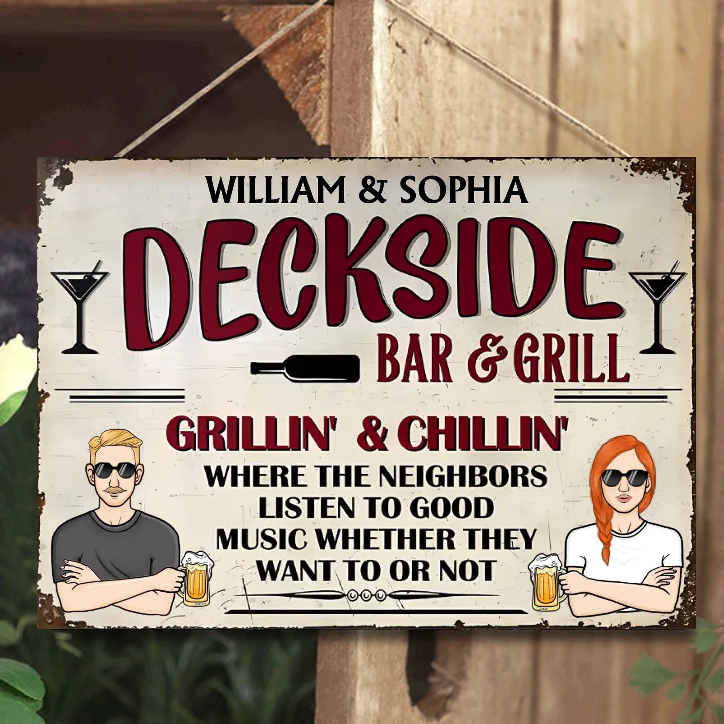 Deckside Bar & Grill Listen To Good Music - Personalized Horizontal Metal Sign - Gifts For Couple, Family