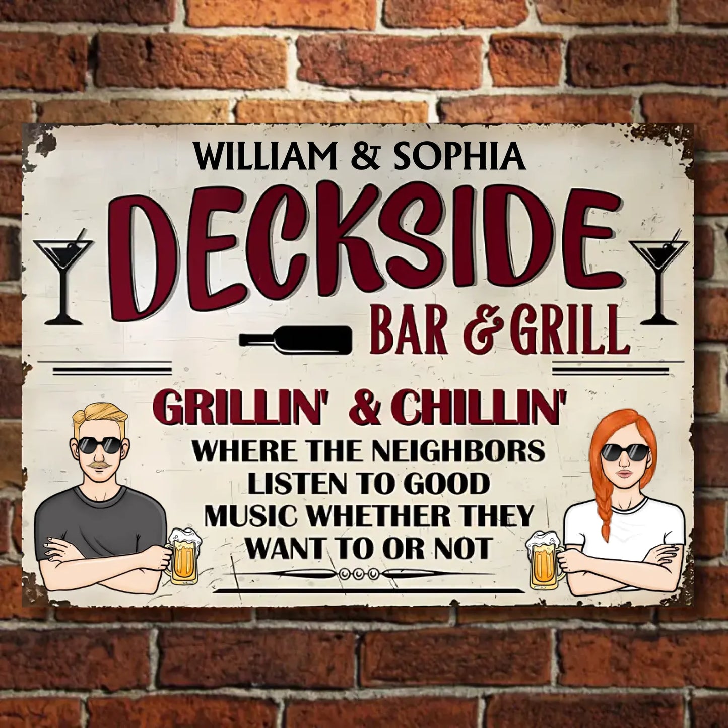 Deckside Bar & Grill Listen To Good Music - Personalized Horizontal Metal Sign - Gifts For Couple, Family