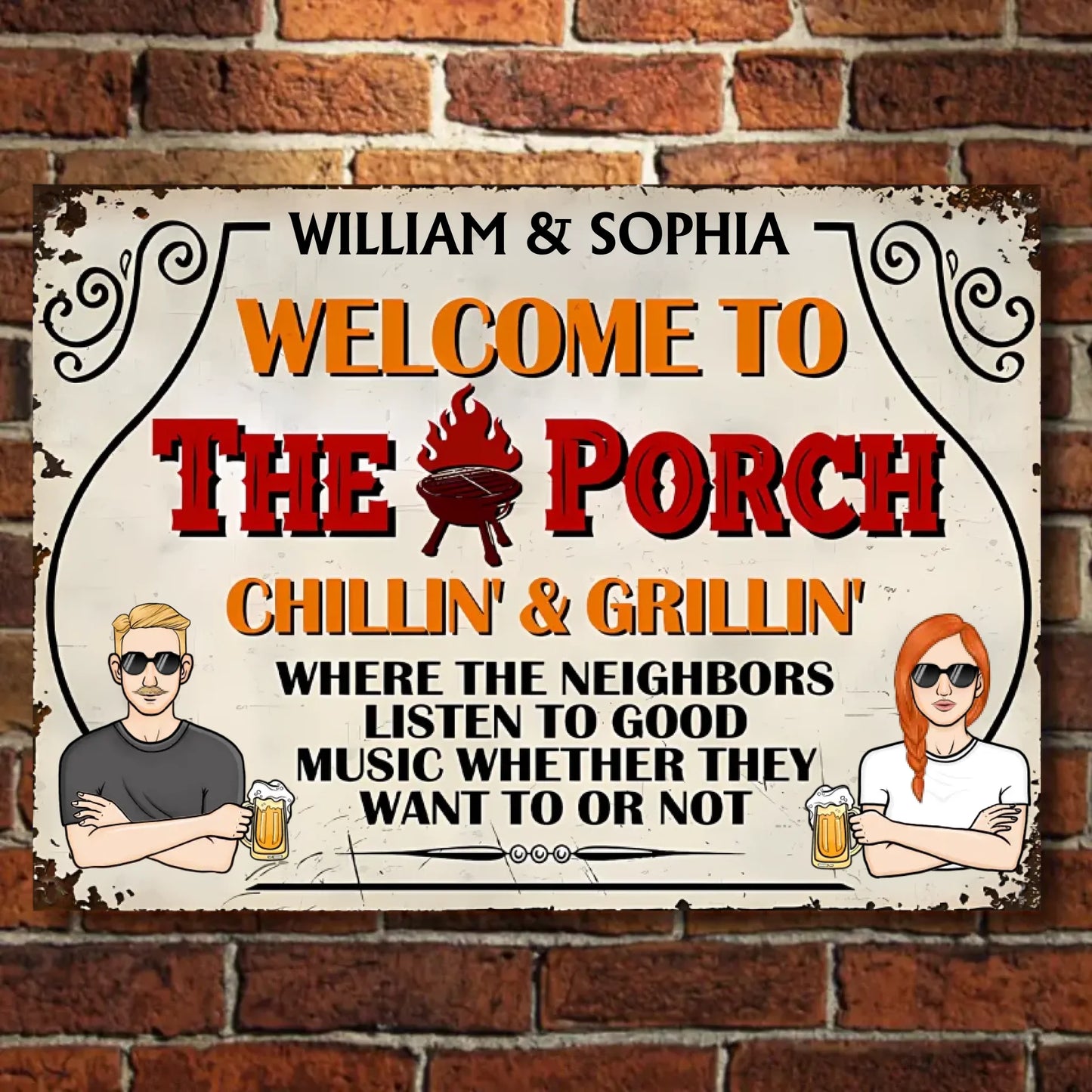Welcome To The Porch Grilling and Chilling - Personalized Horizontal Metal Sign - Gift For Husband Wife, Couples, Family