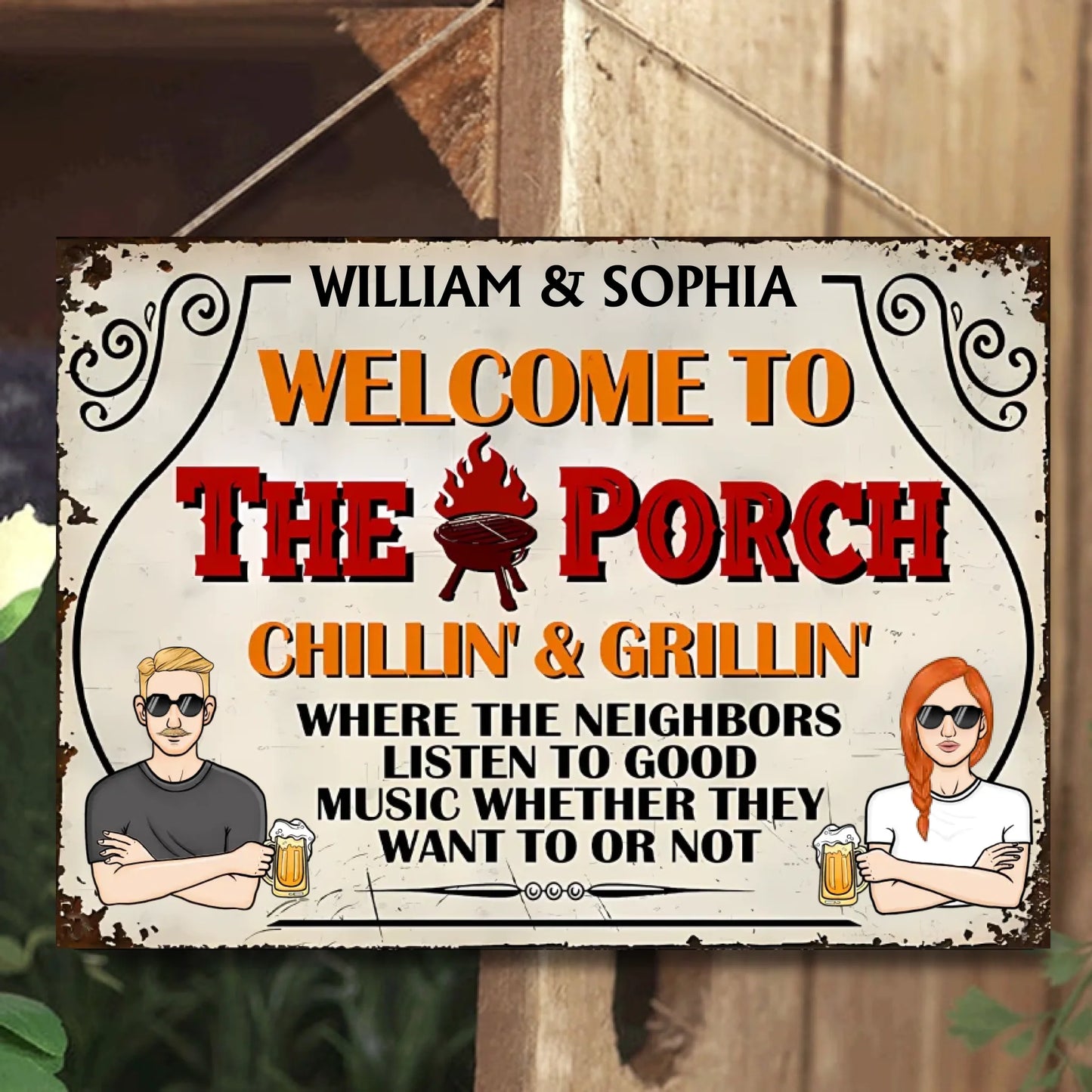 Welcome To The Porch Grilling and Chilling - Personalized Horizontal Metal Sign - Gift For Husband Wife, Couples, Family