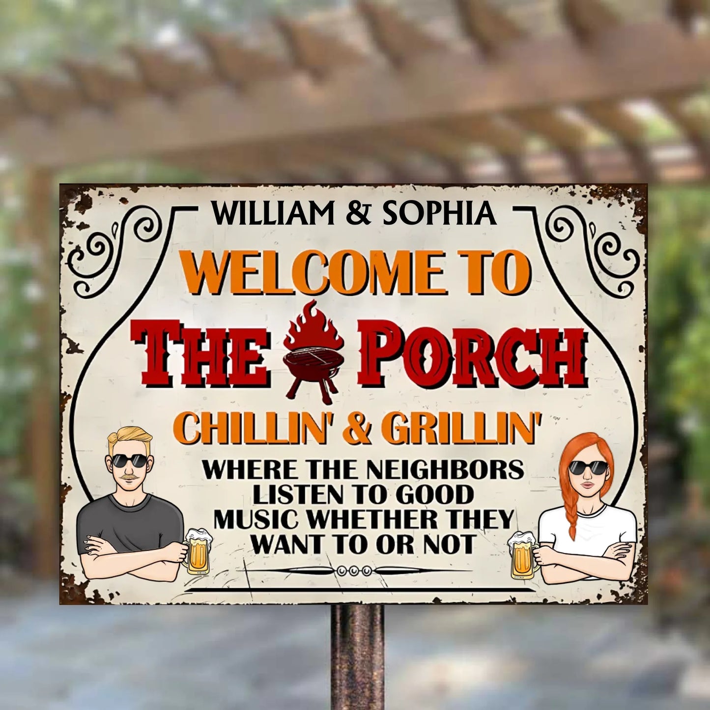 Welcome To The Porch Grilling and Chilling - Personalized Horizontal Metal Sign - Gift For Husband Wife, Couples, Family