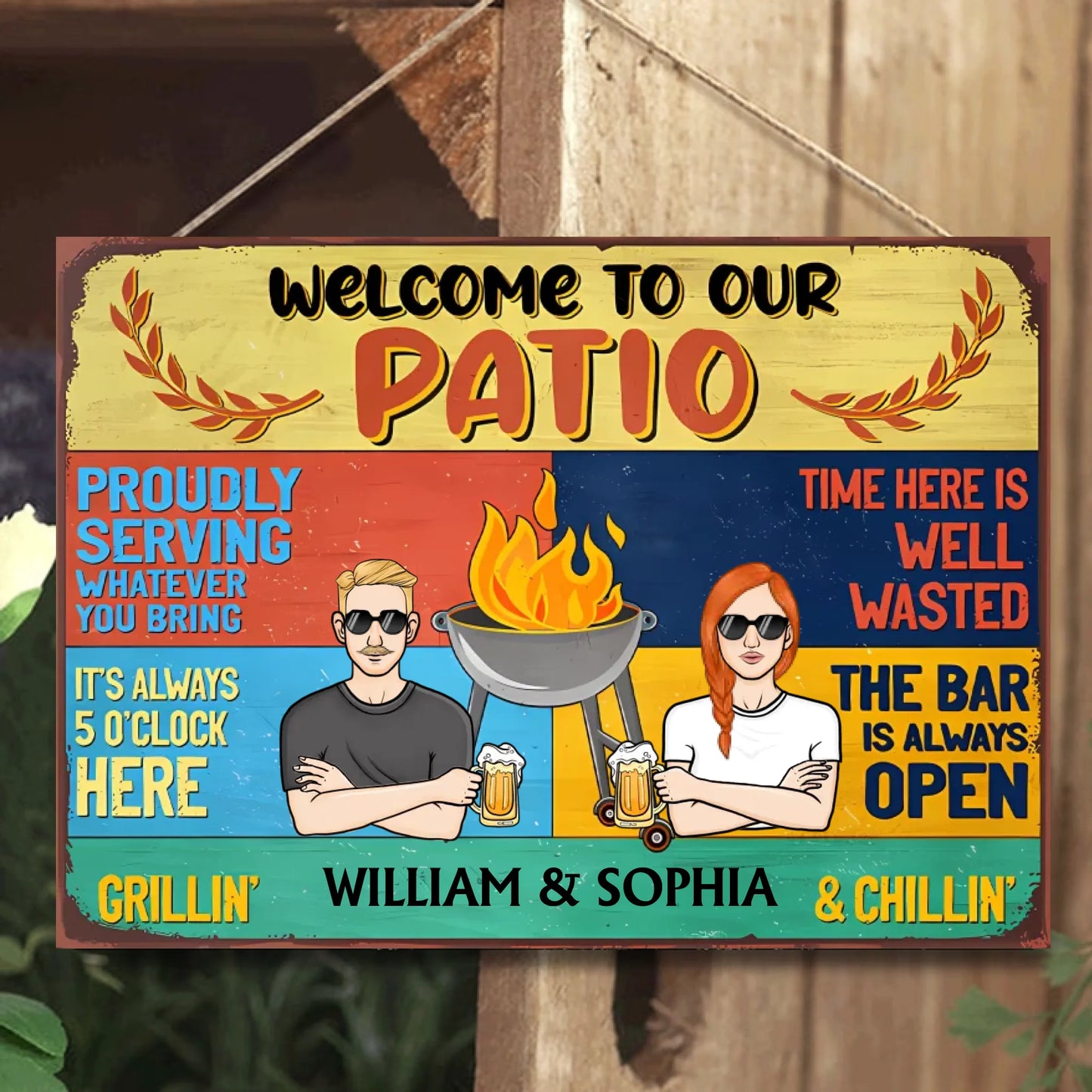 Welcome To Patio Proudly Whatever You Bring - Personalized Horizontal Metal Sign - Gifts For Couple, Family