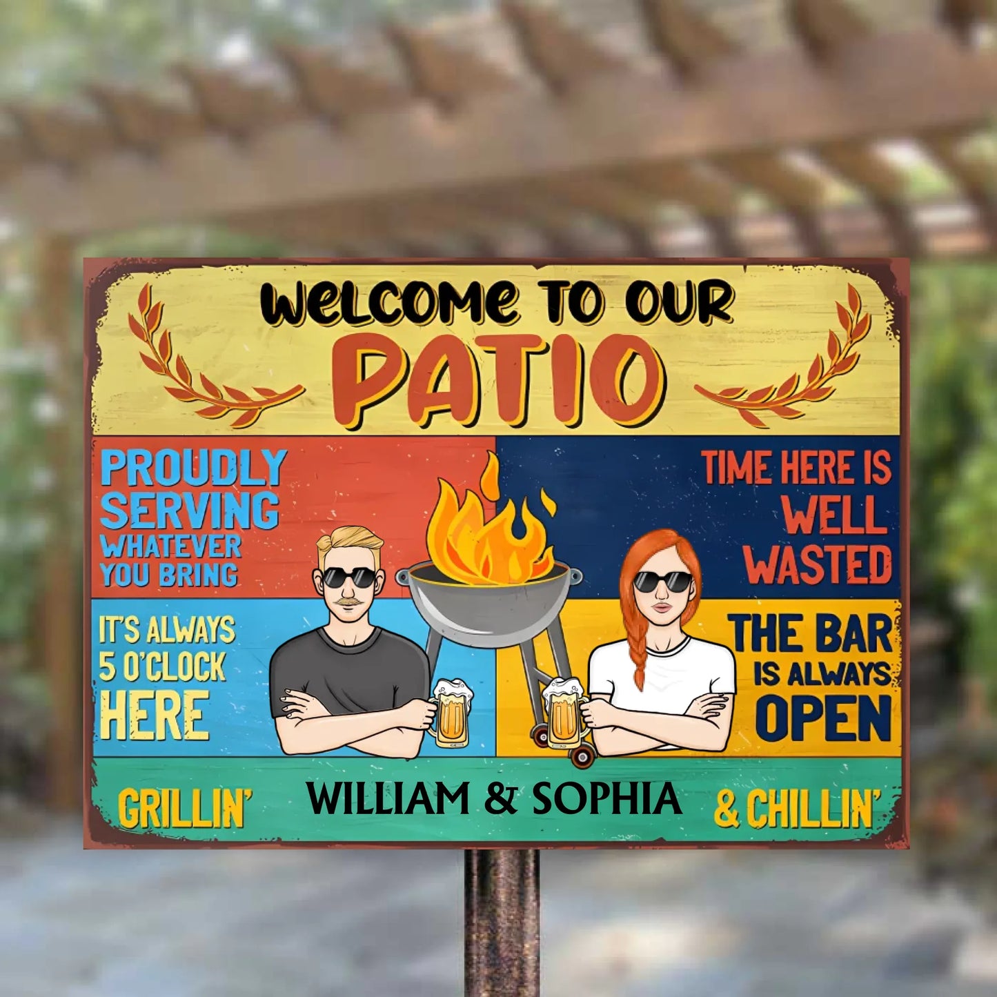 Welcome To Patio Proudly Whatever You Bring - Personalized Horizontal Metal Sign - Gifts For Couple, Family
