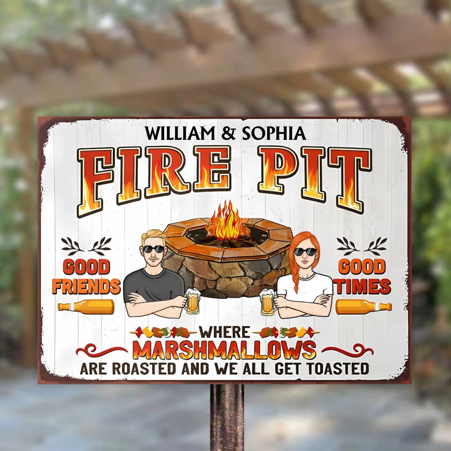 Fire Pit Where Marshmallows Get Toasted- Personalized Horizontal Metal Sign - Gifts For Couple, Family