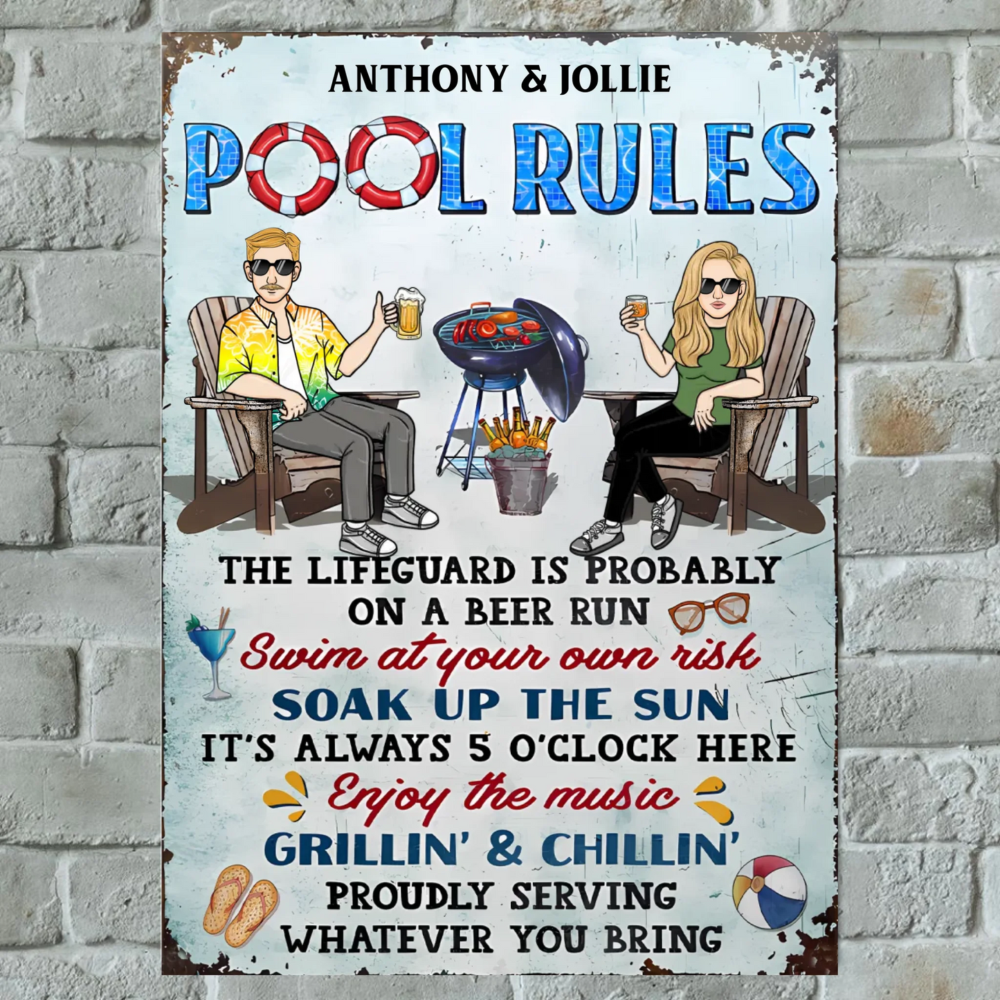 Pool Rules Soak Up The Sun - Personalized Vertical Metal Sign