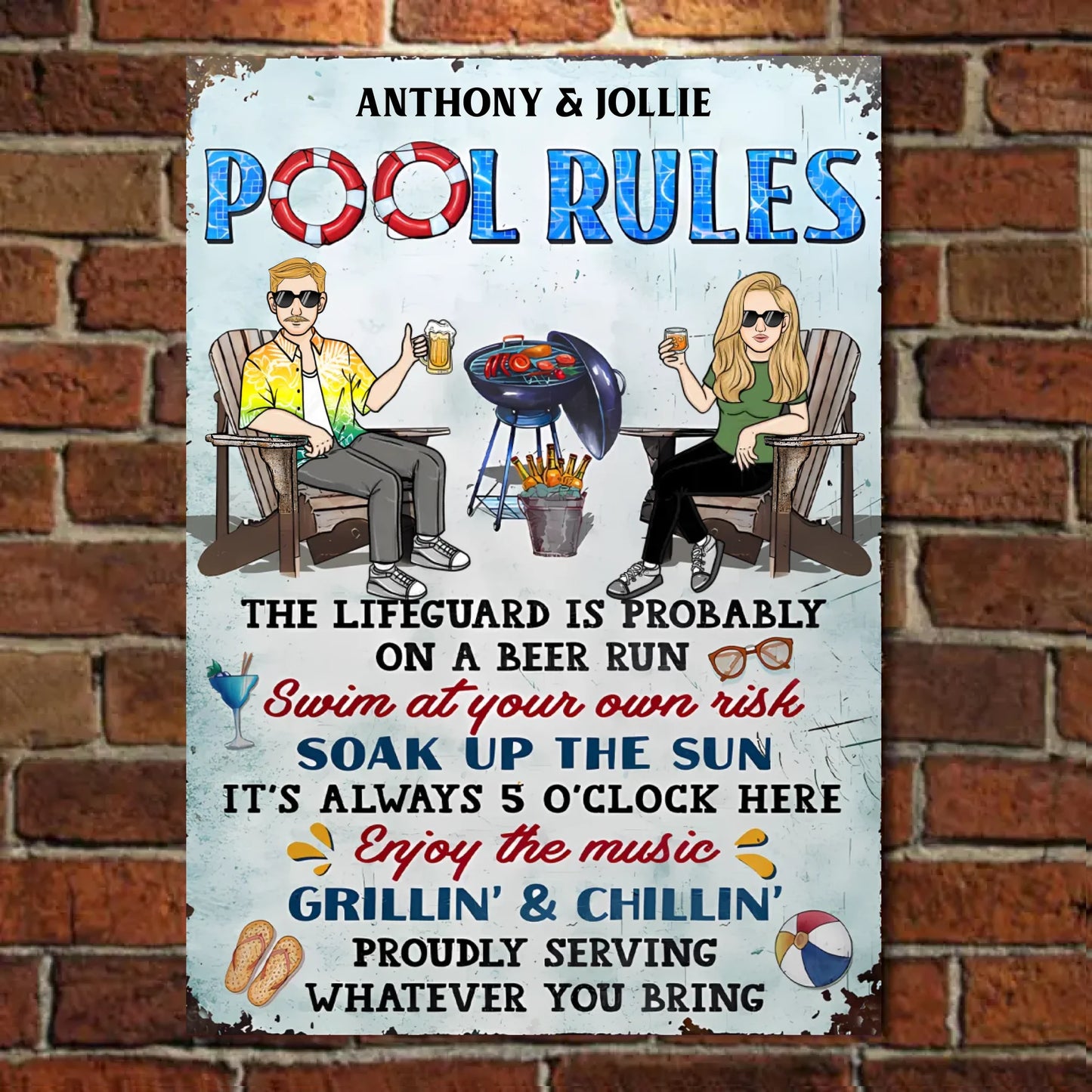 Pool Rules Soak Up The Sun - Personalized Vertical Metal Sign