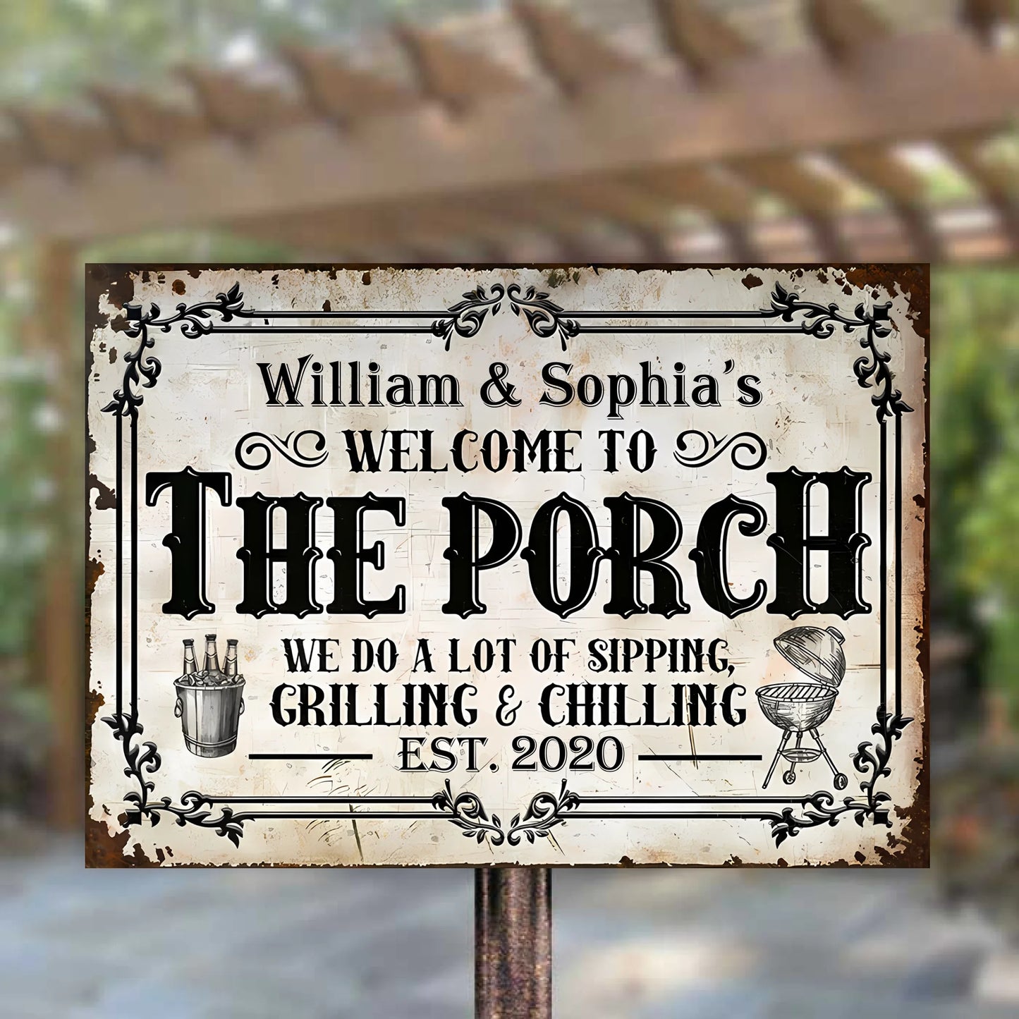 Porch We Do A Lot Of Sipping, Grilling & Chilling - Personalized Horizontal Metal Sign