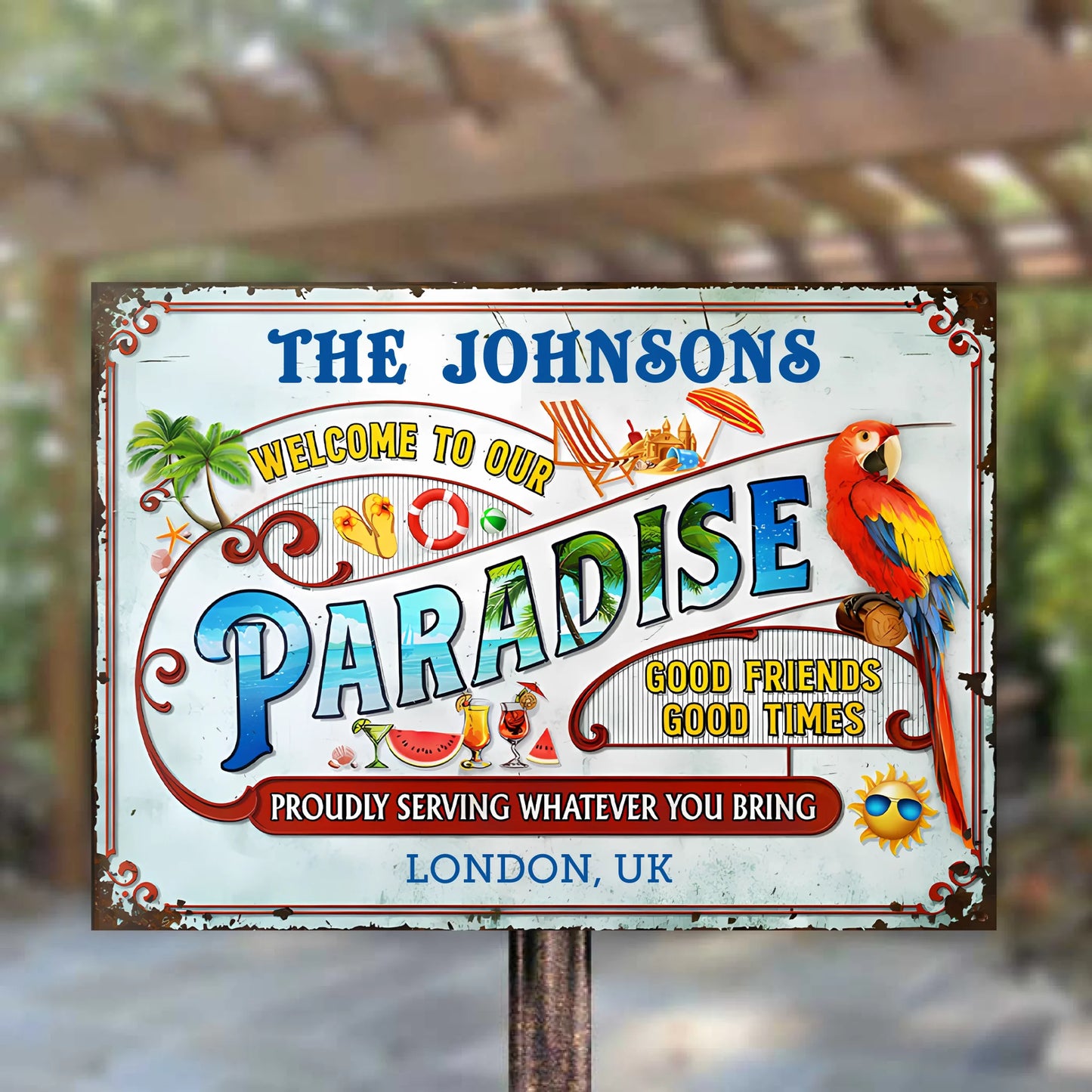 Paradise Proudly Serving Whatever You Bring - Personalized Horizontal Metal Sign