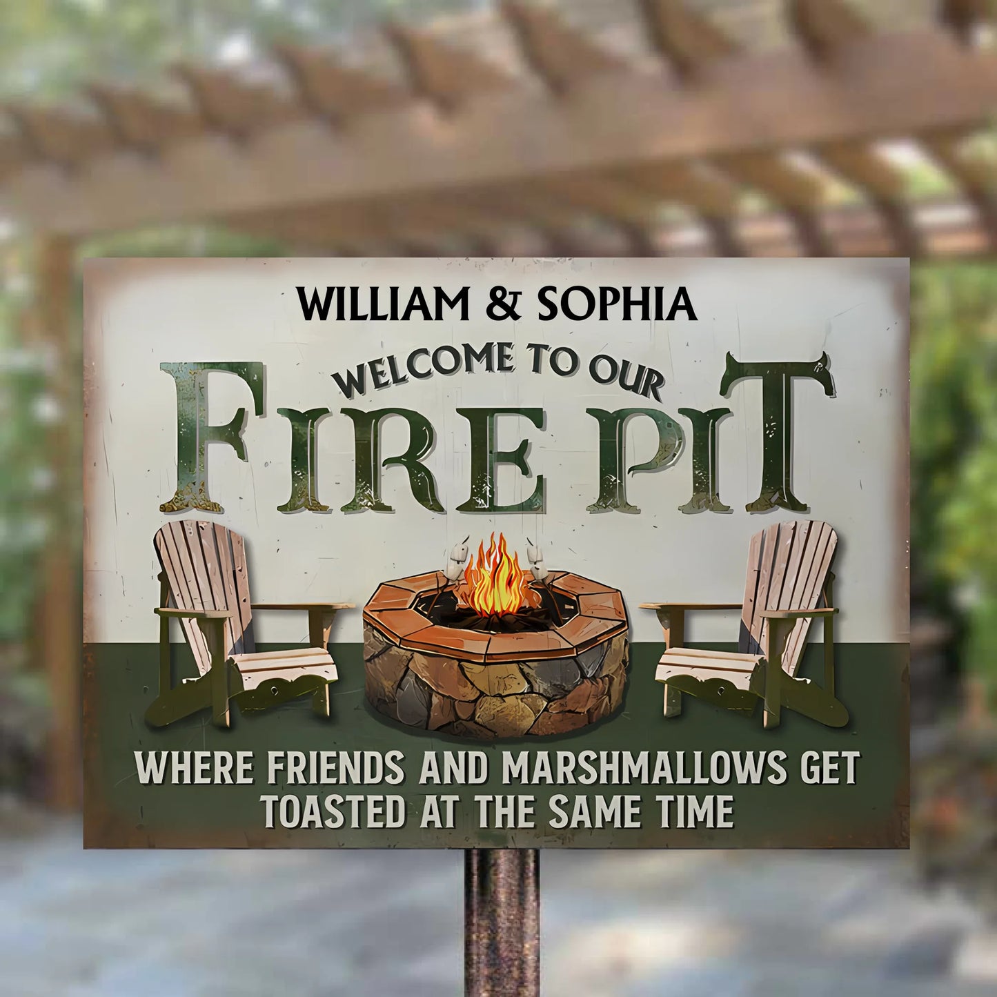 Fire Pit Where Friends And Marshmallows Get Toasted At The Same Time - Personalized Horizontal Metal Sign