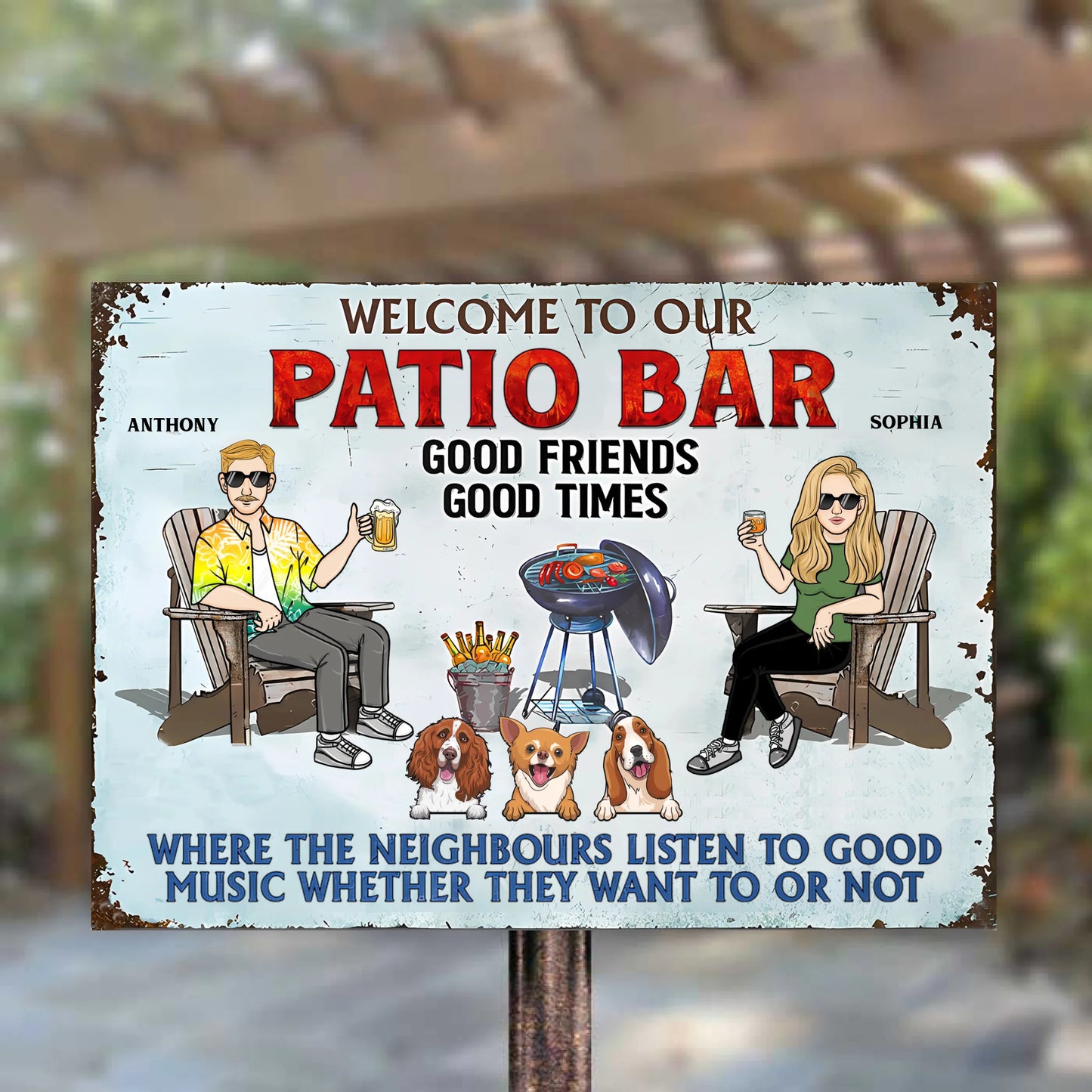 Poolside Grilling Listen To The Good Music Couple Husband Wife With Dogs - Personalized Custom Classic Metal Signs