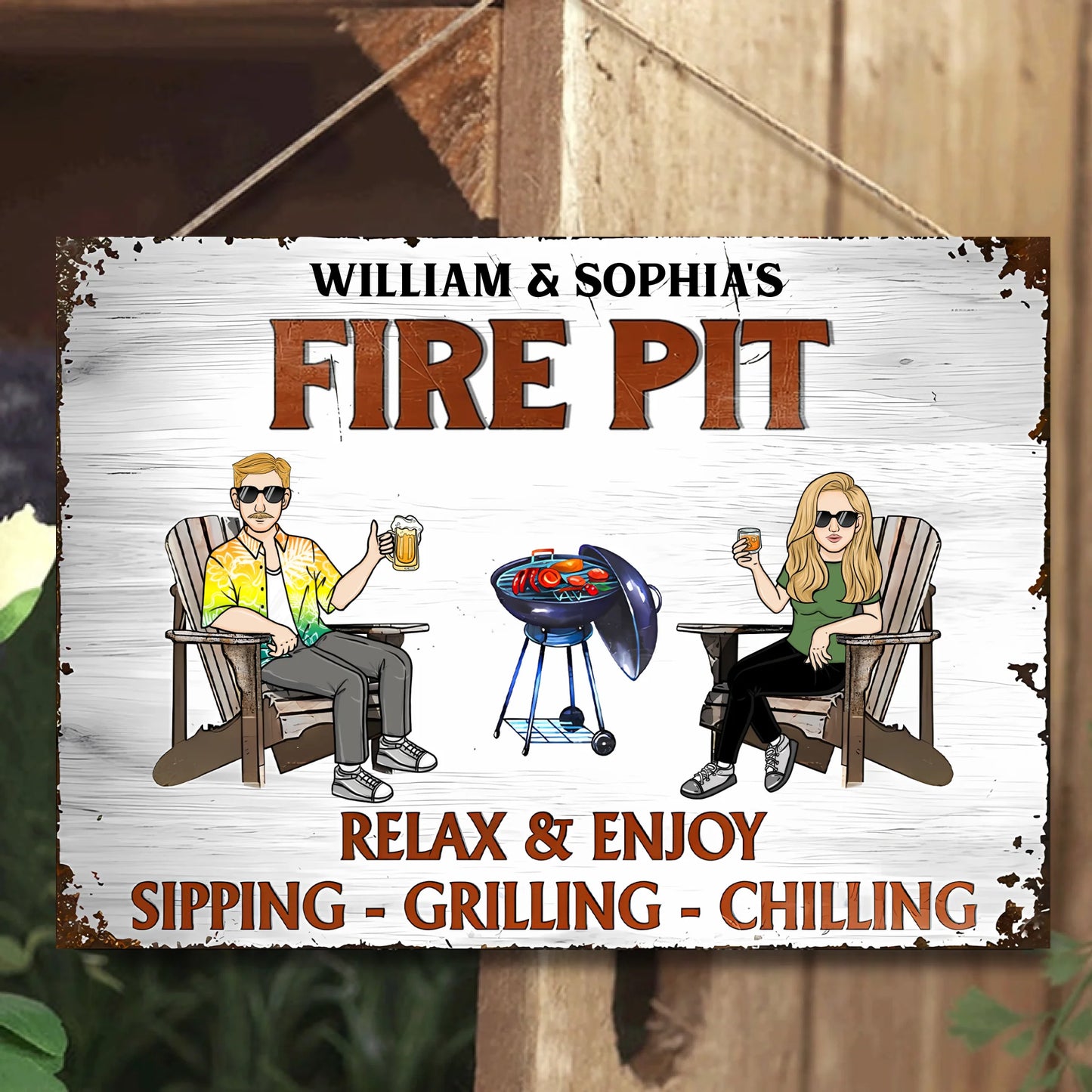 Relax & Enjoy Sipping, Grilling & Chilling - Personalized Horizontal Metal Sign