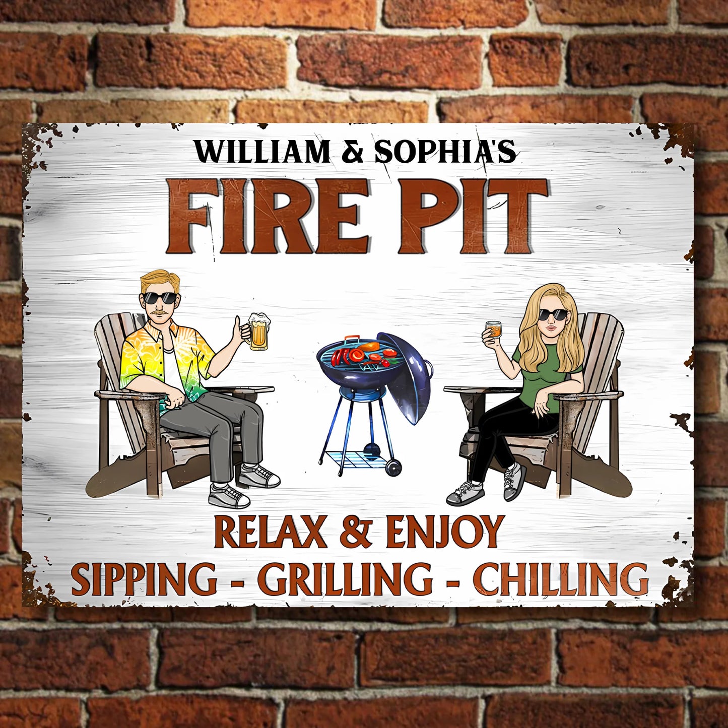 Relax & Enjoy Sipping, Grilling & Chilling - Personalized Horizontal Metal Sign