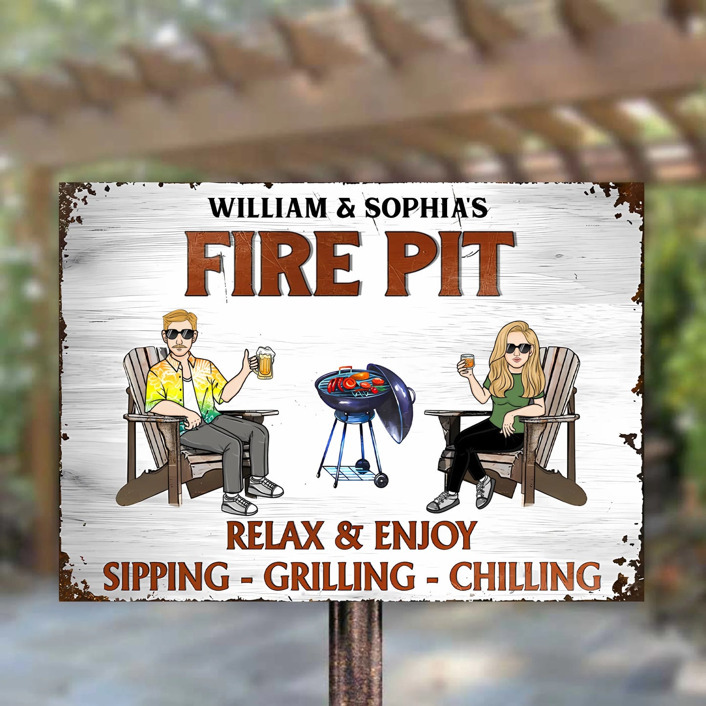 Relax & Enjoy Sipping, Grilling & Chilling - Personalized Horizontal Metal Sign