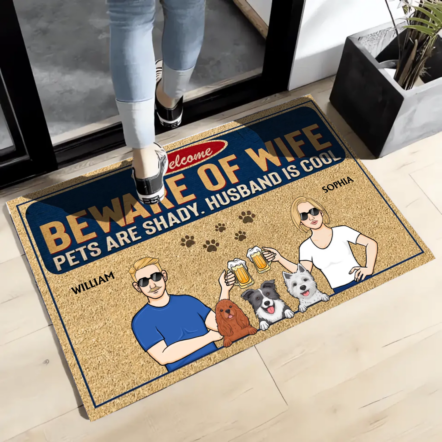 Beware Of Wife, Pets Are Shady, Husband Is Cool - Personalized Doormat - Gift For Pet Lovers
