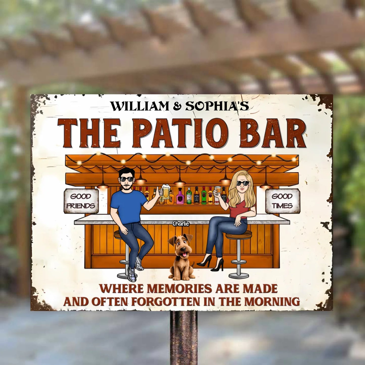 Back Garden Where Memories Are Made And Often Forgotten In The Morning Couple and Dogs - Personalized Horizontal Metal Sign