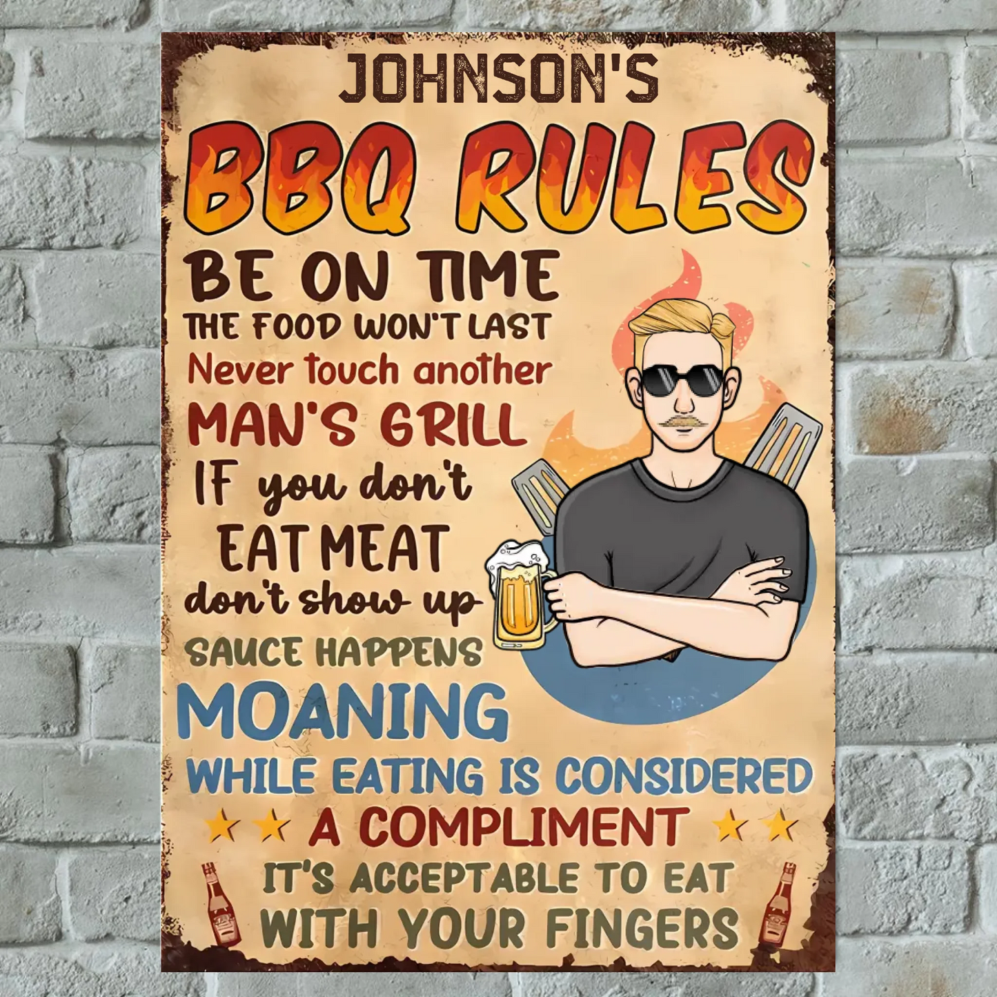 BBQ Rules Personalized Vertical Metal Sign - Gifts For Dad, Grandpa
