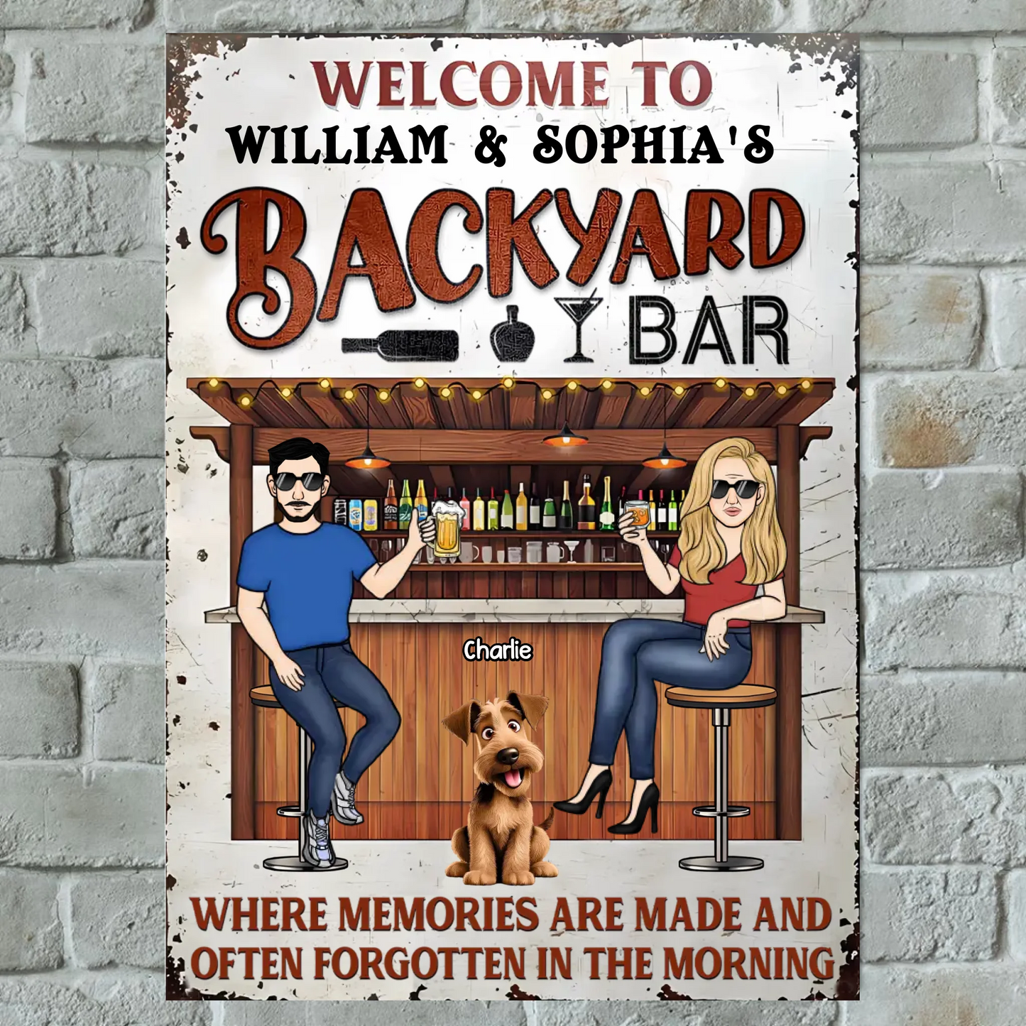 Patio Where Memories Are Made And Often Forgotten In The Morning Couple And Dogs - Personalized Vertical Metal Sign