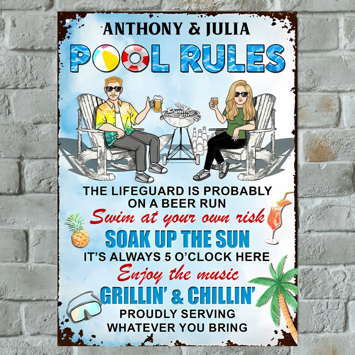 Pool Rules Swim At Your Own Risk Couple Husband Wife - Personalized Custom Classic Vertical Metal Signs
