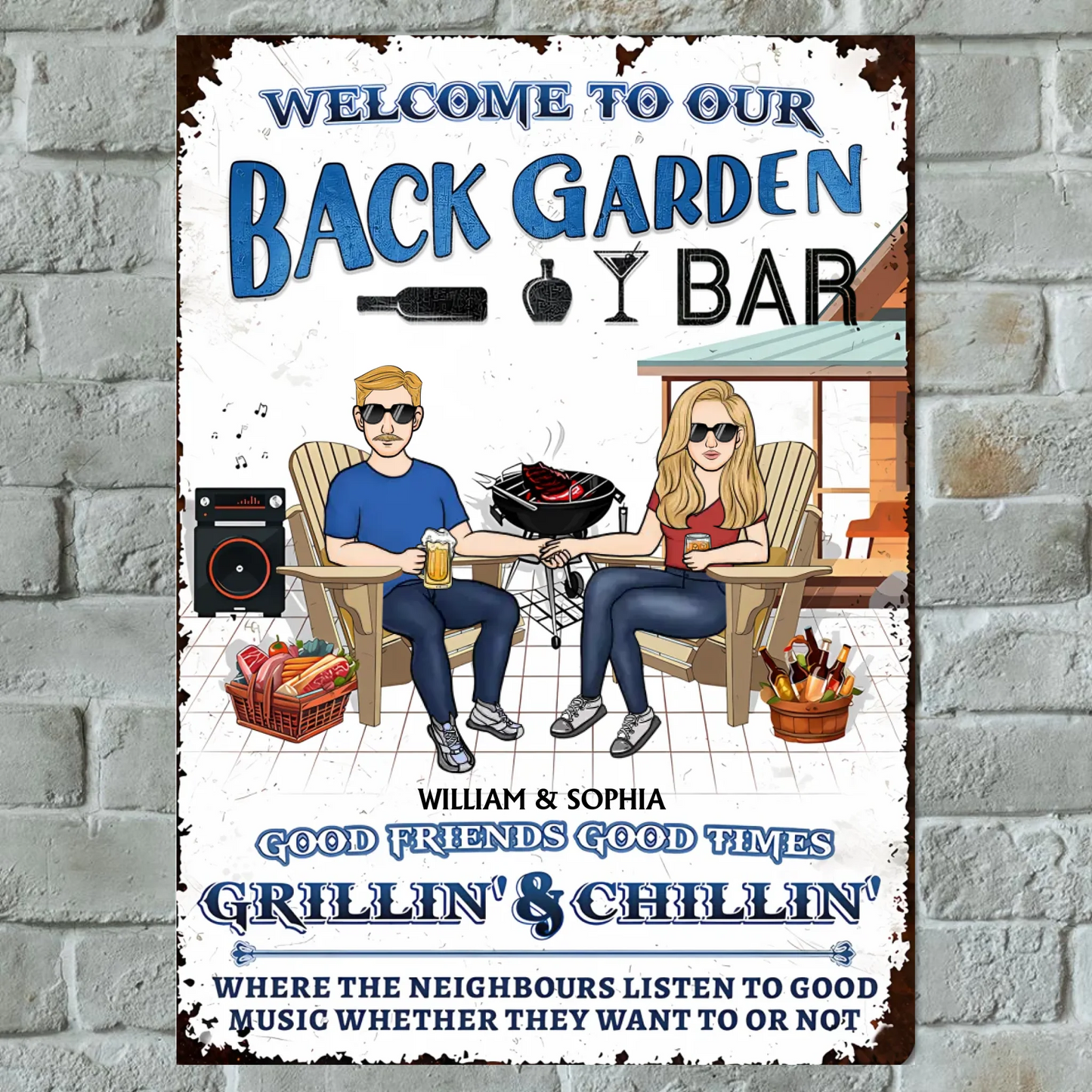 Grilling & Chilling Welcome To Our Back Garden - Personalized Vertical Metal Sign - Gifts For Husband Wife, Couple