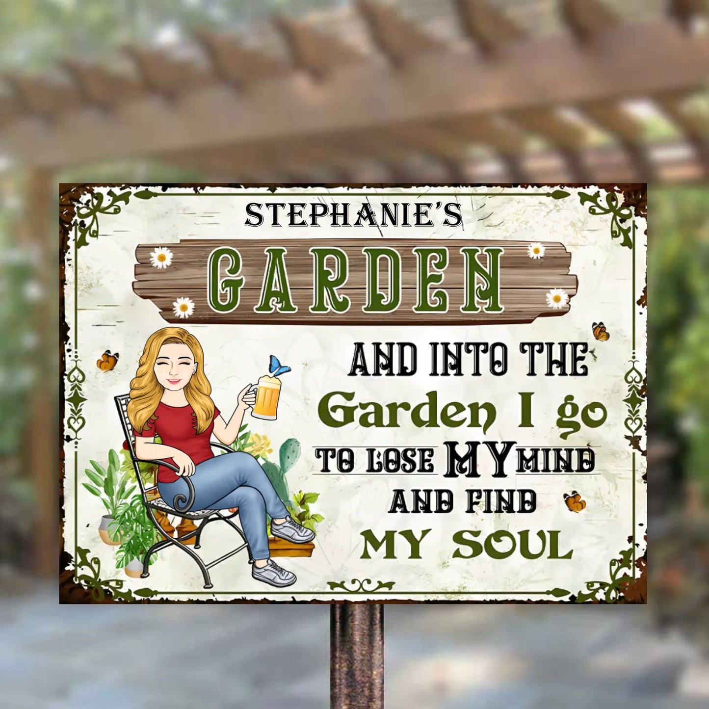 Et je vais au jardin pour me perdre et retrouver mon âme - Plaque métallique horizontale personnalisée - Cadeau pour les amoureux du jardin