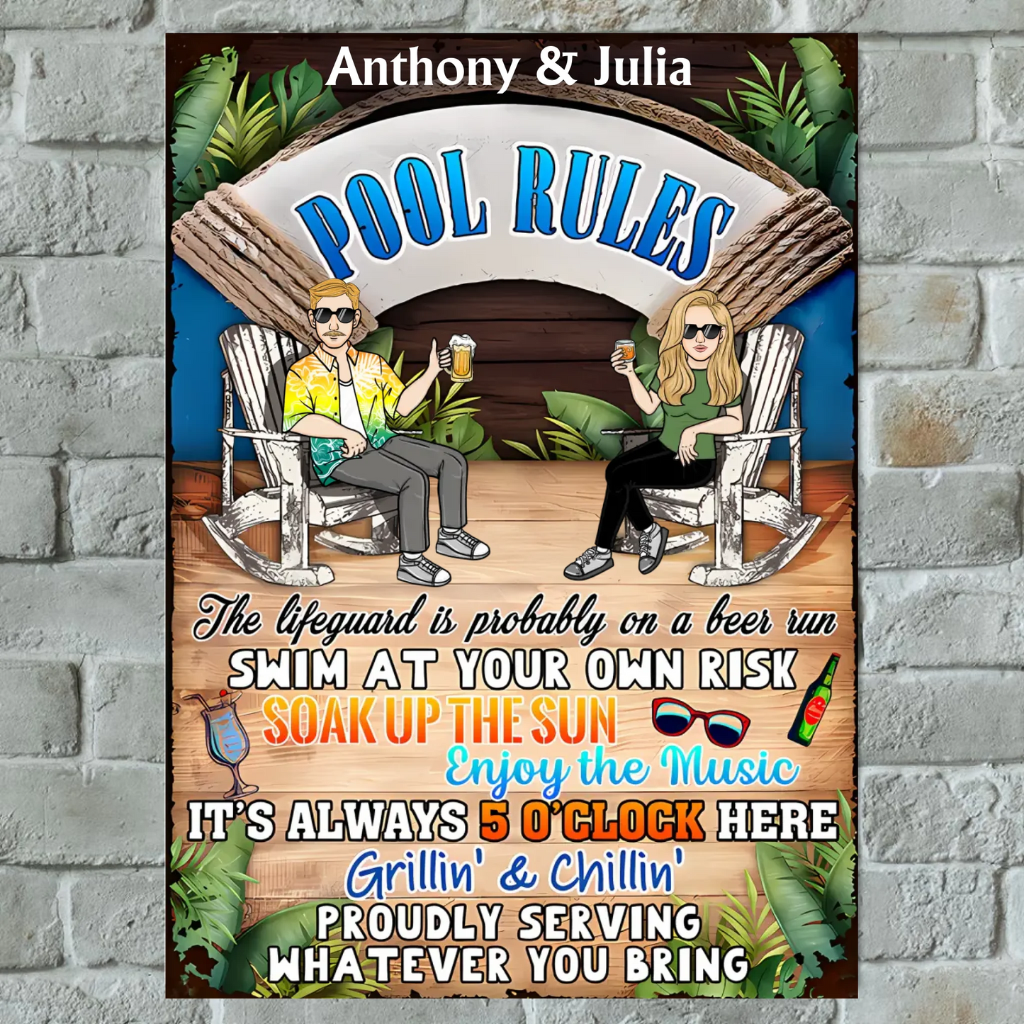 Summer Pool Rules Soak Up The Sun - Personalized Vertical Metal Sign - Gifts For Husband Wife, Couples