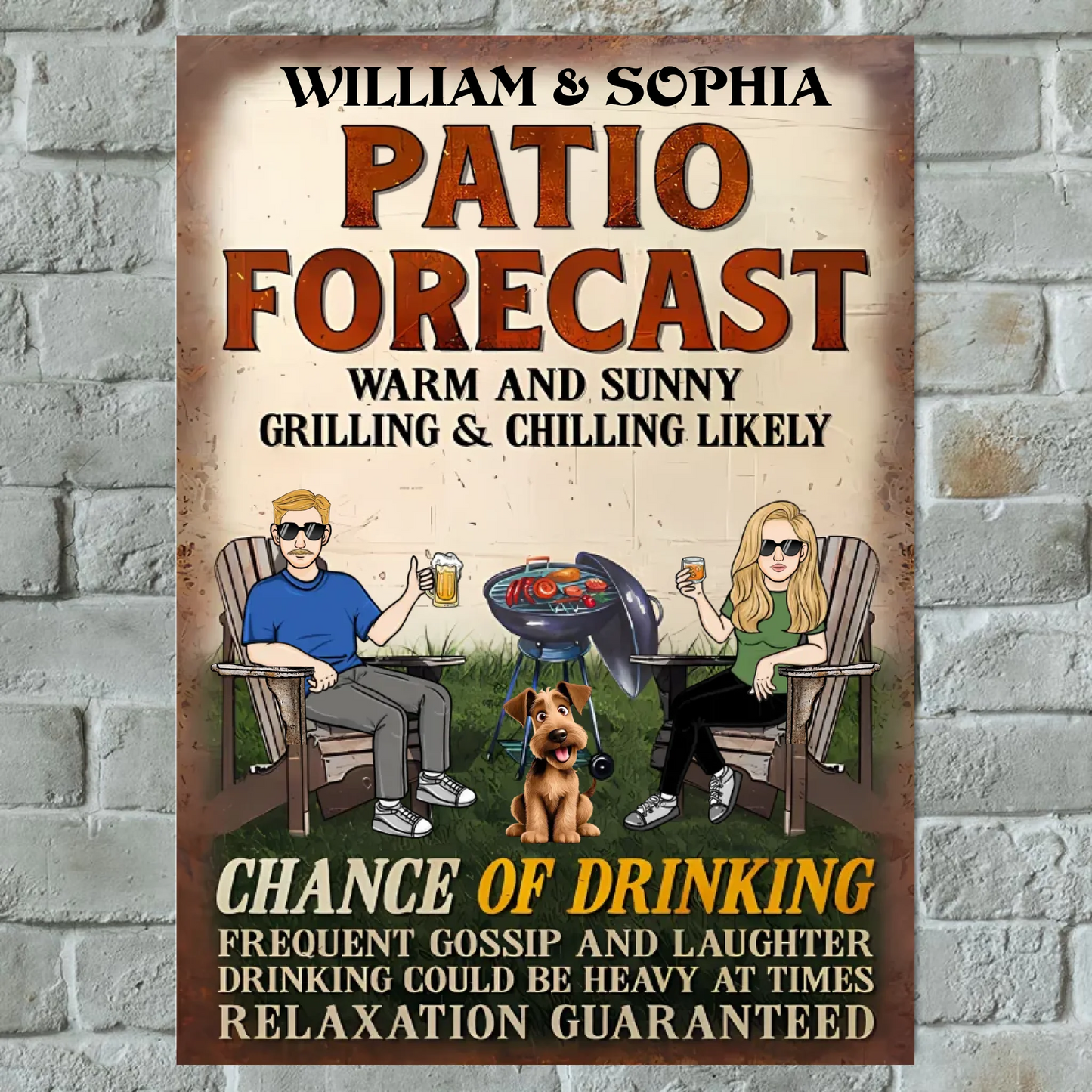 Backyard Bar Forecast Chance Of Drinking With Dogs - Personalized Vertical Metal Sign - Gift For Couples, Husband and Wife, Dog Lovers