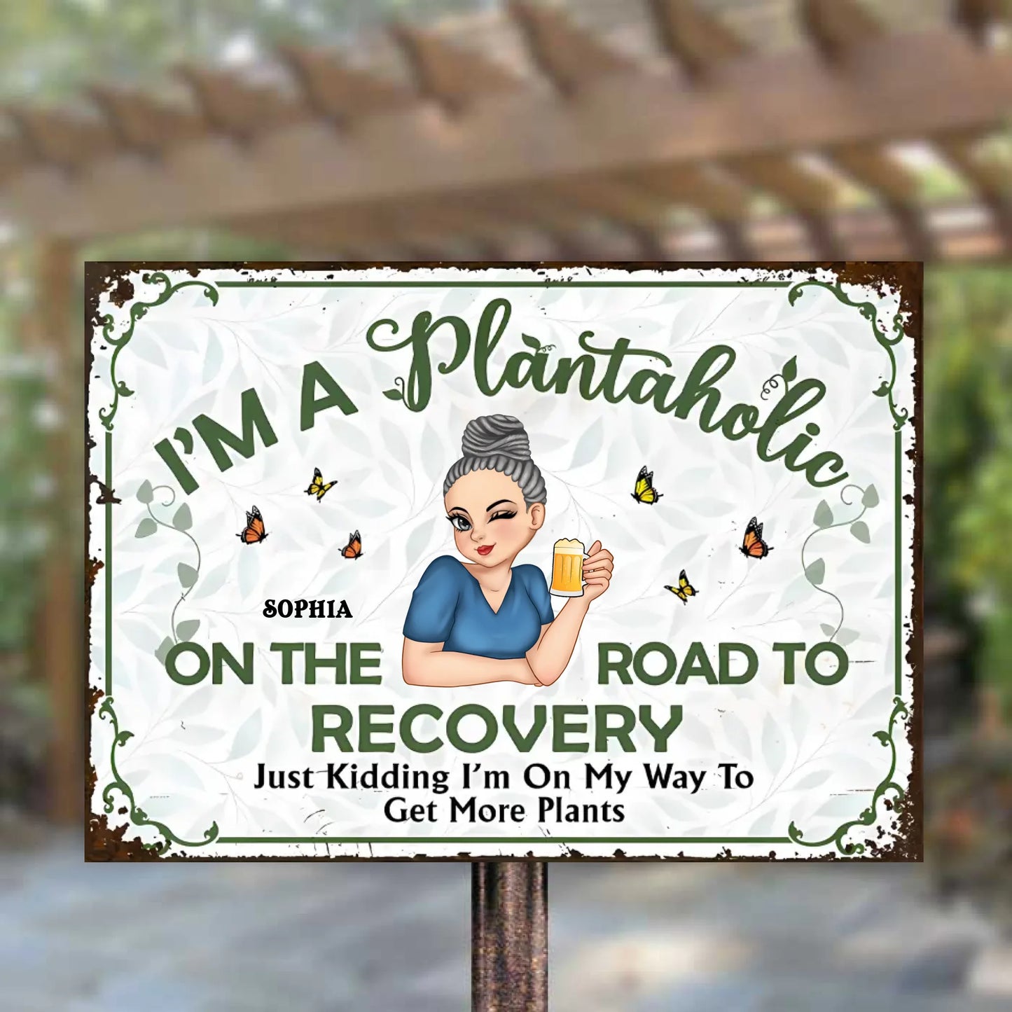 I'm Plantaholic On The Road To Recovery - Personalized Horizontal Metal Sign - Gift For Garden Lovers